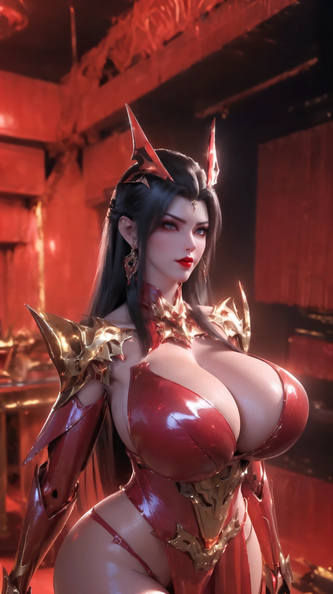 UPPER BODY,CLOSE UP HALF BODY,SOLO,(BEAUTY BKACK COLOR HAIR,GOLDEN DRAGON HORN:1), (GIGANTIC FAKE BREASTS,BUSTY,CLEAVAGE,MUSCLE ABS,NSFW:1.5), ((WEARING OUTFIT RED,BLACK SHINY MODERN FUTURISTIC MECHA SKIMPY BIKINI:1.5)),(CURVY VOLUPTUOUS BODY MATURE WOMAN:1.5), (SWEATY GLOSSY BODYSKIN:1.5), (LOOKING AT VIEWER:1.6),(HALLROOM OF FUTURISTIC SPACE STATION:1), (PHOTOREALSITIC:1.4), (ULTRA-DETAILLIERT), (TOP-QUALITY), (BEST SHADOWS), (MASTERPIECE), BRIGHT LIGHT IN ROOM, HYPER TEXTURE, (4X MSAA), ((UNREAL ENGINE 5 RENDER)), PHYSICALLY-BASED RENDERING, ULTRA HIGHT DEFINITION, 16K, 1080P.