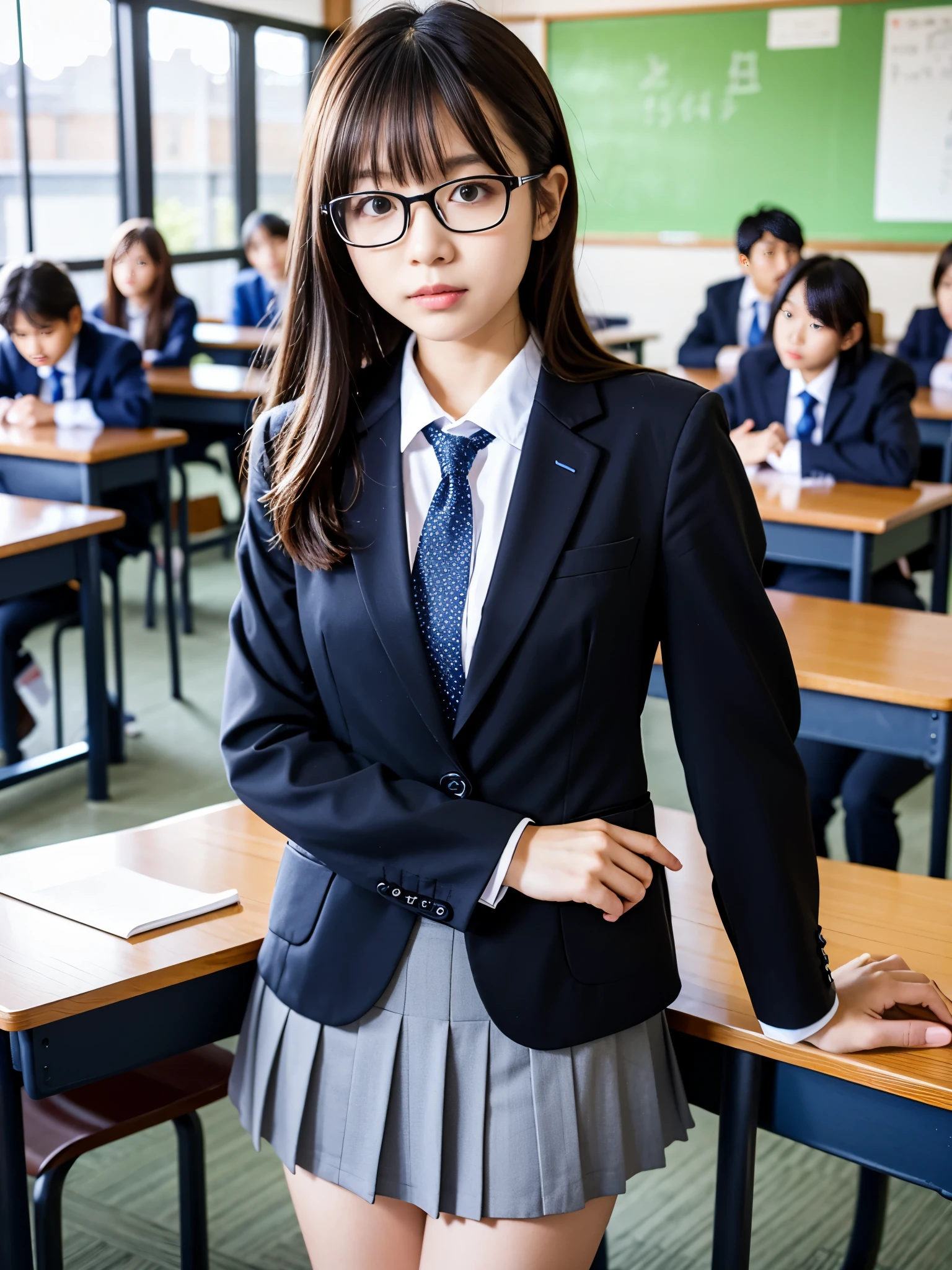 8K、best image quality、masterpiece、summer、Japanese high school girl meets her friends in the classroom。She was surprised、black rimmed square glasses、blazer、mini skirt、low person、short bob、side shot、fine eyes