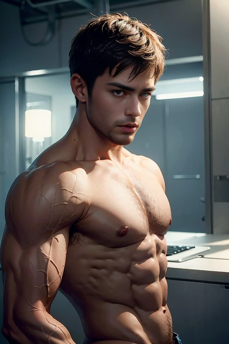 Muscular dude，8K Ultra HD resolution，short hair，Buzz cut，Full chest muscles，abdominal muscles，rough real skin，naked，Sexy and charming expression，blue eyes，Gloomy eyes