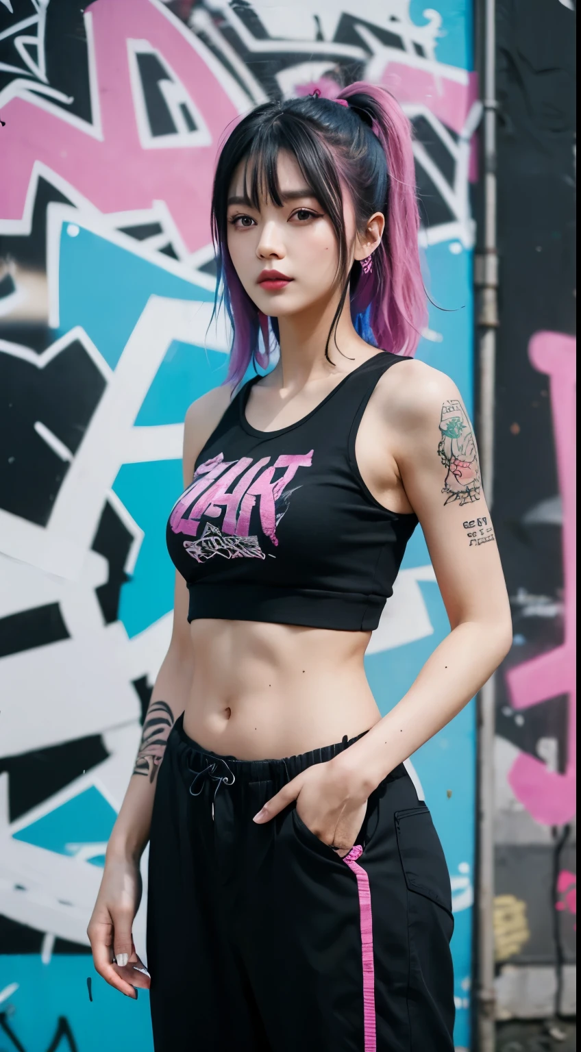 Realistic skin, best quality, Clarity, 4k, 8k, detail, actual, tattoed Girl, Korean makeup, black lips, pink and blue medium mullet hair, Perfect six pack body, stand, pose standing, medium chest, dark shirt top, black buggy Pants, Solid graffiti wall background, Graffiti art,