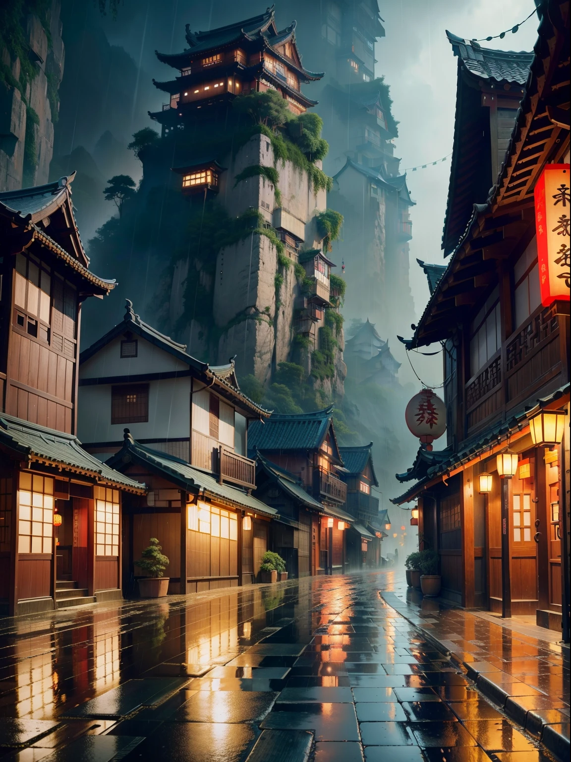 village view，There are a lot of lights on the building, Dream China Town, china village, amazing wallpapers, Japantown, japanese village, surreal photo of a small town, old asian village, rainy night, Cyberpunk Chinese Ancient Castle, Beautifully lit buildings, when it rains at night, Beautiful and beautiful, photography, Normal, 8k, high detail ((downpour)))