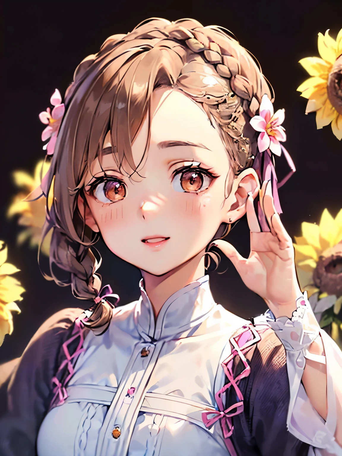 (light brown hair:1.2),(braided short hair:1.3),(hair tied up loosely:1.25),(big ribbon:1.3),(brown eyes:1.4),(Eye size:1.5),(sphere accessories:1.3),((feminine fashion:1.4)),(Background full of blooming flowers:1.5),(blush),(upward glance:1.3),(small breasts:1.4),((focus on face:1.5)),((look up:1.25)),(fashion color White、darkBlue、purple、pink:1.3),(smile:1.2),(👋:1.6)