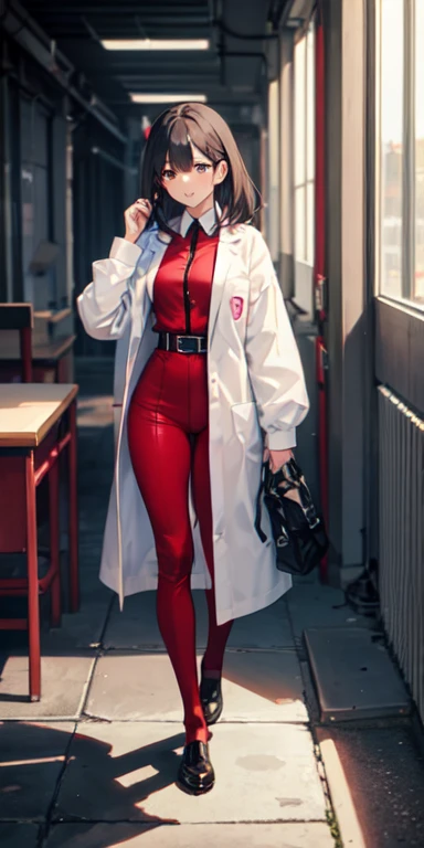 ((best quality)), ((masterpiece)), (detailed),full body anime picture of a female squad member , red outfit , 1 person , white lab coat , squad , scientist