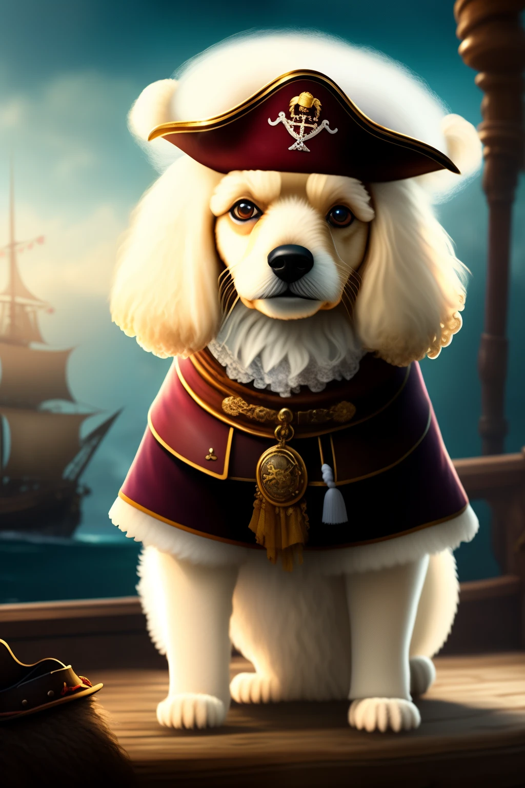 In the dimly lit scene, a young, grinning Captain Jack Sparrow with his long, wavy hair and a cute, adorable white toy poodle emerge from the depths of a pirate hat. The poodle's face is only partially revealed as it stands erectly on the ship's deck, with its features subtly hinting at a lifetime of knowledge and arcane power. The white poodle's fur, a cascade of tan-white wisp-like strands, frames its face and peeks out from beneath the pirate's worn-out shirt and hat, adding to its enigmatic presence.
The intricately painted brushst