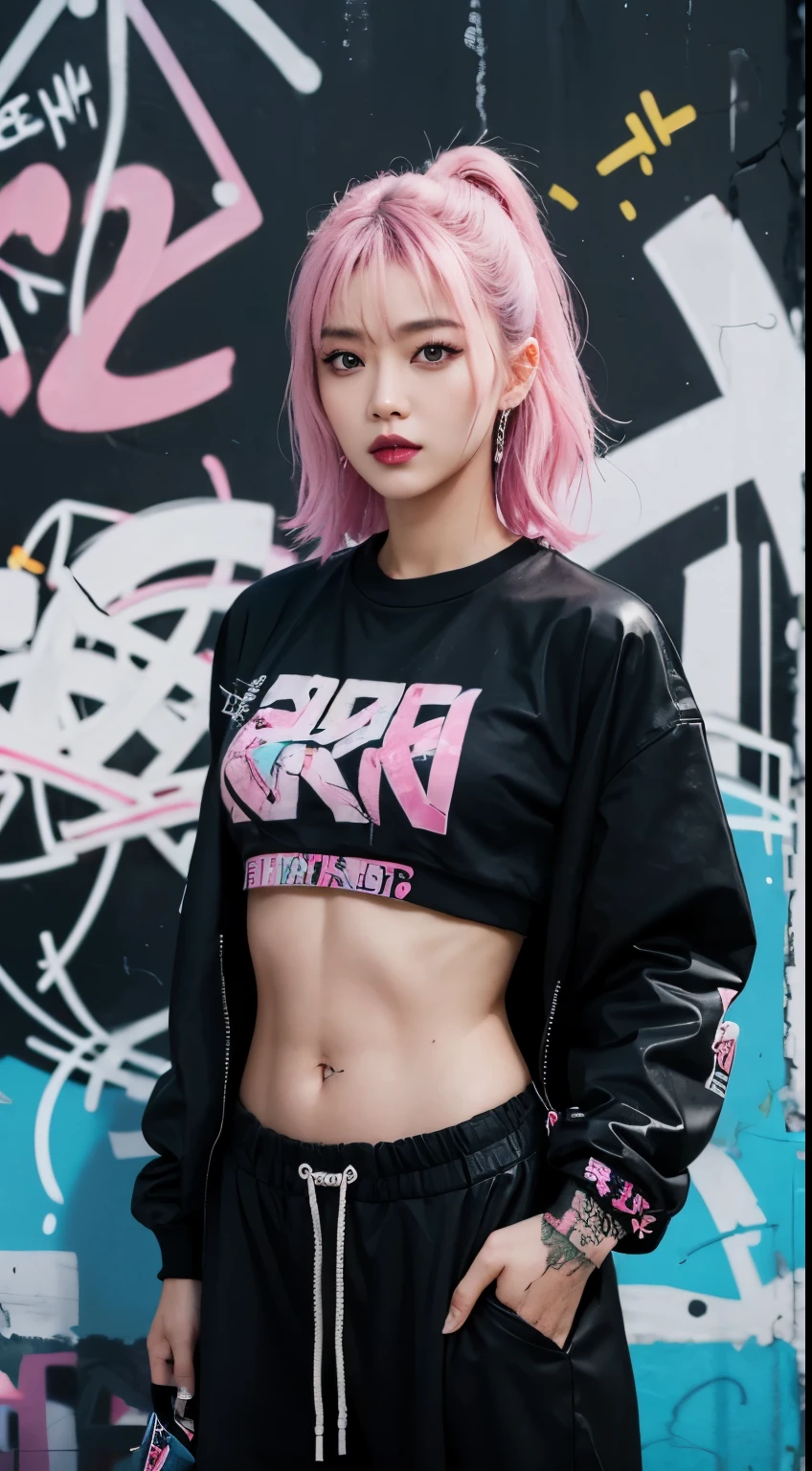 Realistic skin, best quality, Clarity, 4k, 8k, detail, actual, tattoed Girl, Korean makeup, black lips, pink and blue medium mullet hair, Perfect six pack body, stand, pose standing, medium chest, dark shirt top, black buggy Pants, Solid graffiti wall background, Graffiti art,