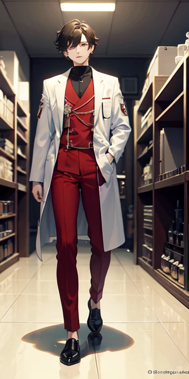 ((best quality)), ((masterpiece)), (detailed),full body anime picture of a male squad member , red outfit ,  1 person , white lab coat , squad , scientist