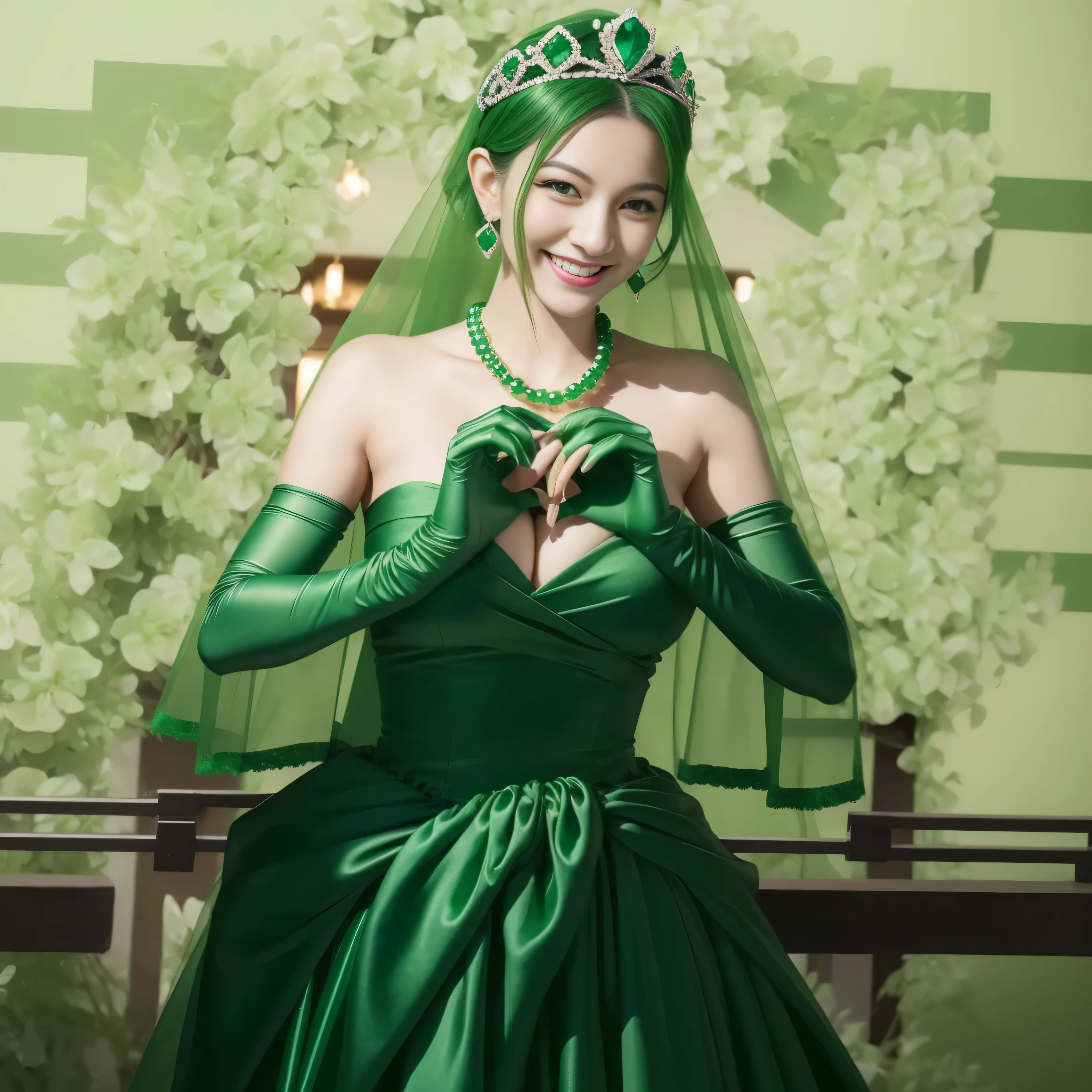 emerald tiara, green pearl necklace, ボーイッシュな非常に短いgreen hair, lipstick, smiling Japanese woman, very short hair,  Beauty with large breasts, green eyes, Long Green Satin Gloves, green eyes, emerald earrings, green veil, heart with both hands, green hair