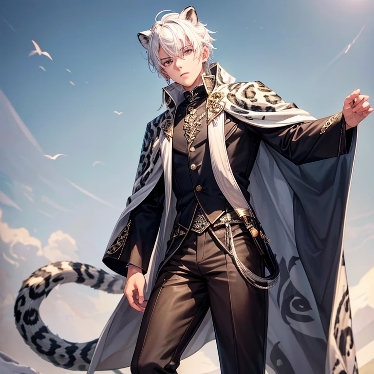 A young man. He has white hair and silver eyes and is dressed in dark clothing typically worn by farmers. He has two snow leopard ears sitting atop his head and a long tail, also of a snow leopard, behind him.