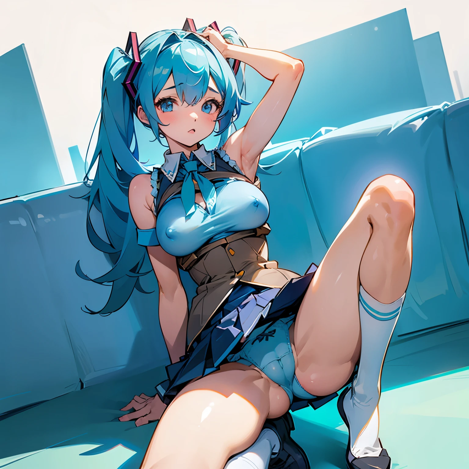 1girl,Solo,refarence sheet,Miku,JK uniform,full body,{blue hair},{hands behind head}, large breast,Bra,erect nipples,show armpits,lift up skirt,spread legs,longer legs,underwear,camel toe,white knee socks,blue flowers,full shot,looking down camera