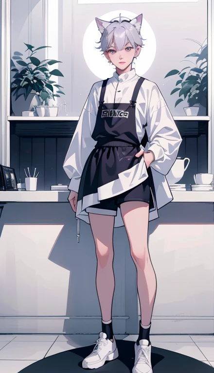 1boy、Full body illustration、Standing Pose、shorts、Full body Esbian、short hair、silver haired ,sneakers、Purple mesh hair,wolf ears、Lipstick,glossy lips,Gentle source of light,apron、Cafe,shyness、Troublesome pose,nice ,High level image quality,mirror ball,professional drawing,cleanliness,white background、