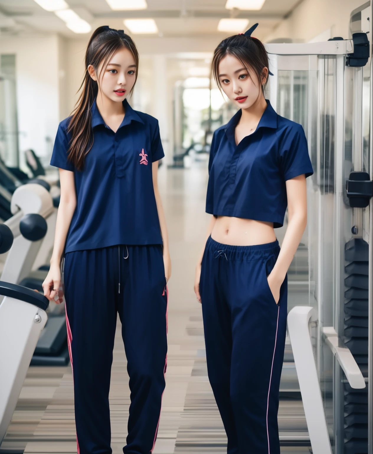 2 girls in the fitness room, Navy blue short-sleeved shirt,Navy Long Trackpant,Sweatpants, Sweatpantsขายาว,25 year old girl, lesbian, sexy, exercise clothes, wet body, exercise clothes