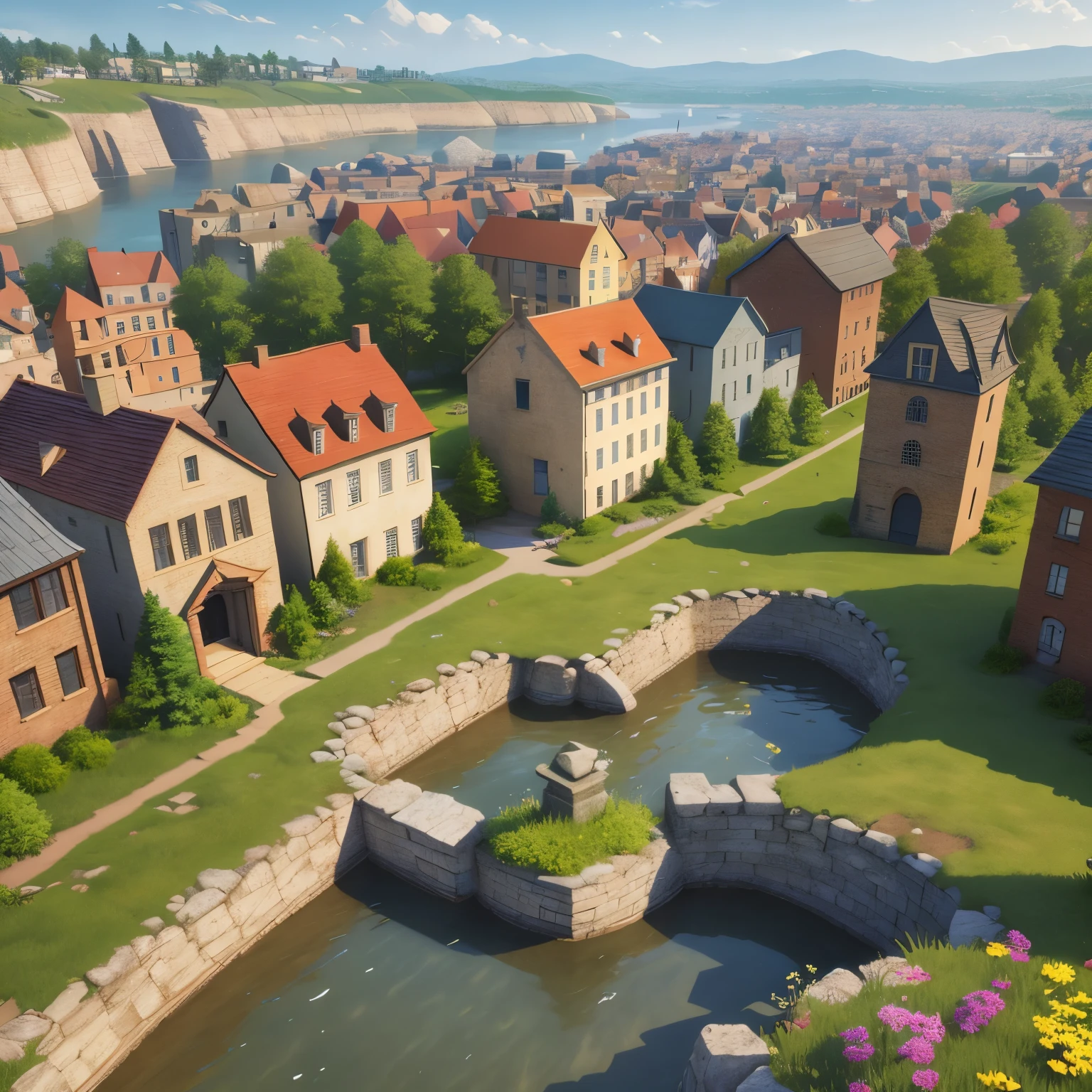 Game architectural design, comics, town, stone, brick, grassland, river, flowers, Casual game style, 3D, blender, masterpiece, Super detailed, highest quality