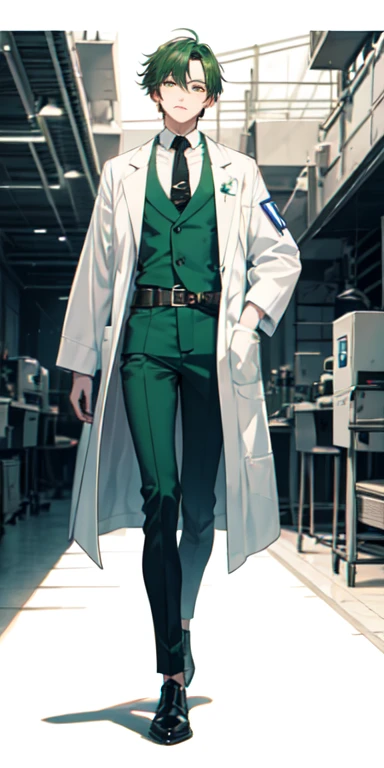 ((best quality)), ((masterpiece)), (detailed),full body anime picture of a male squad member , green outfit , 1 person , white lab coat , squad , scientist