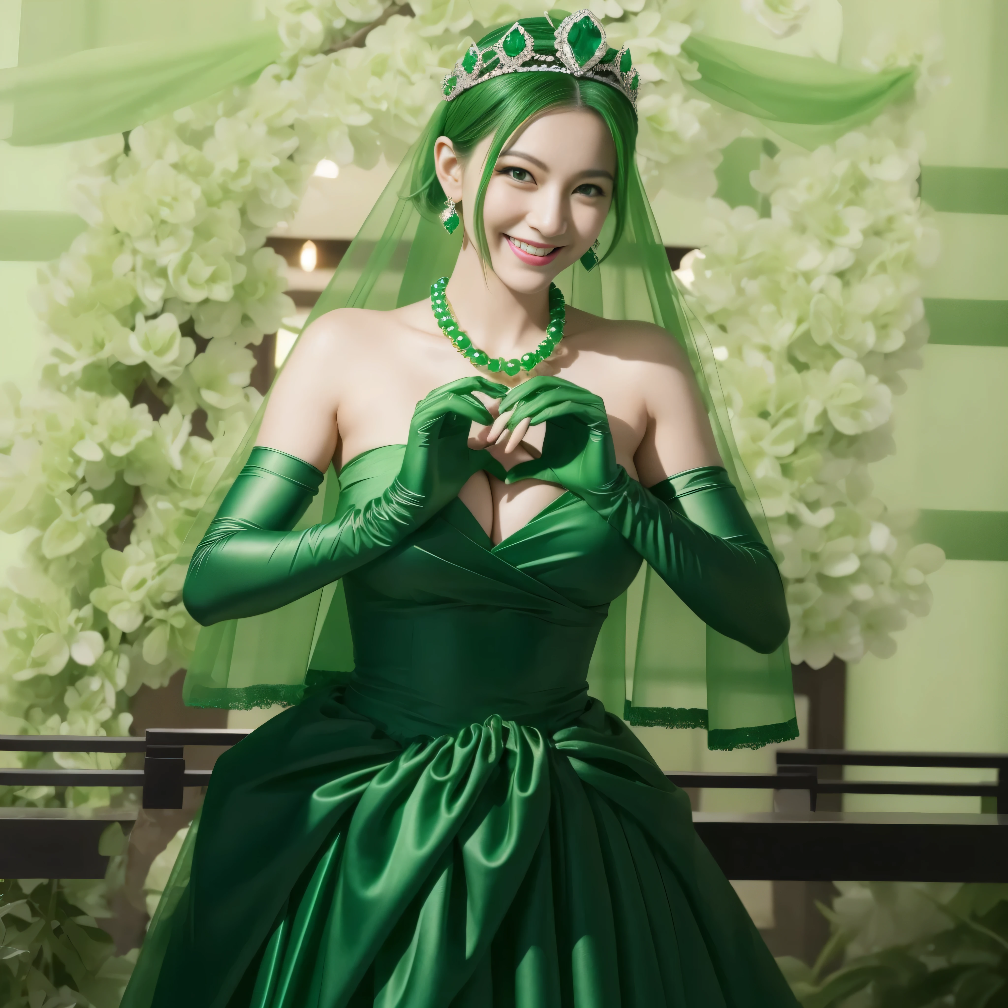 emerald tiara, green pearl necklace, ボーイッシュな非常に短いgreen hair, lipstick, smiling Japanese woman, very short hair,  Beauty with large breasts, green eyes, Long Green Satin Gloves, green eyes, emerald earrings, green veil, heart with both hands, green hair