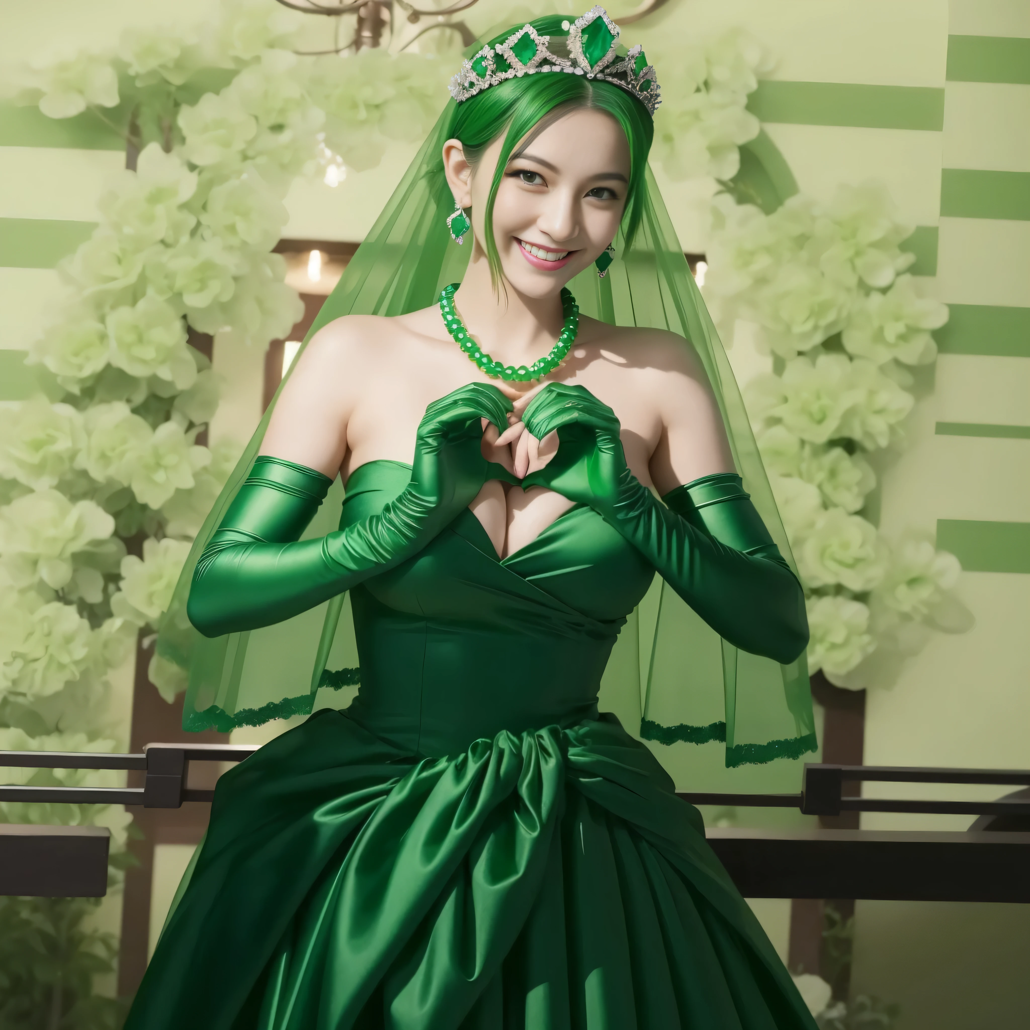 emerald tiara, green pearl necklace, ボーイッシュな非常に短いgreen hair, lipstick, smiling Japanese woman, very short hair, Beauty with large breasts, green eyes, Long Green Satin Gloves, green eyes, emerald earrings, green veil, heart with both hands, green hair