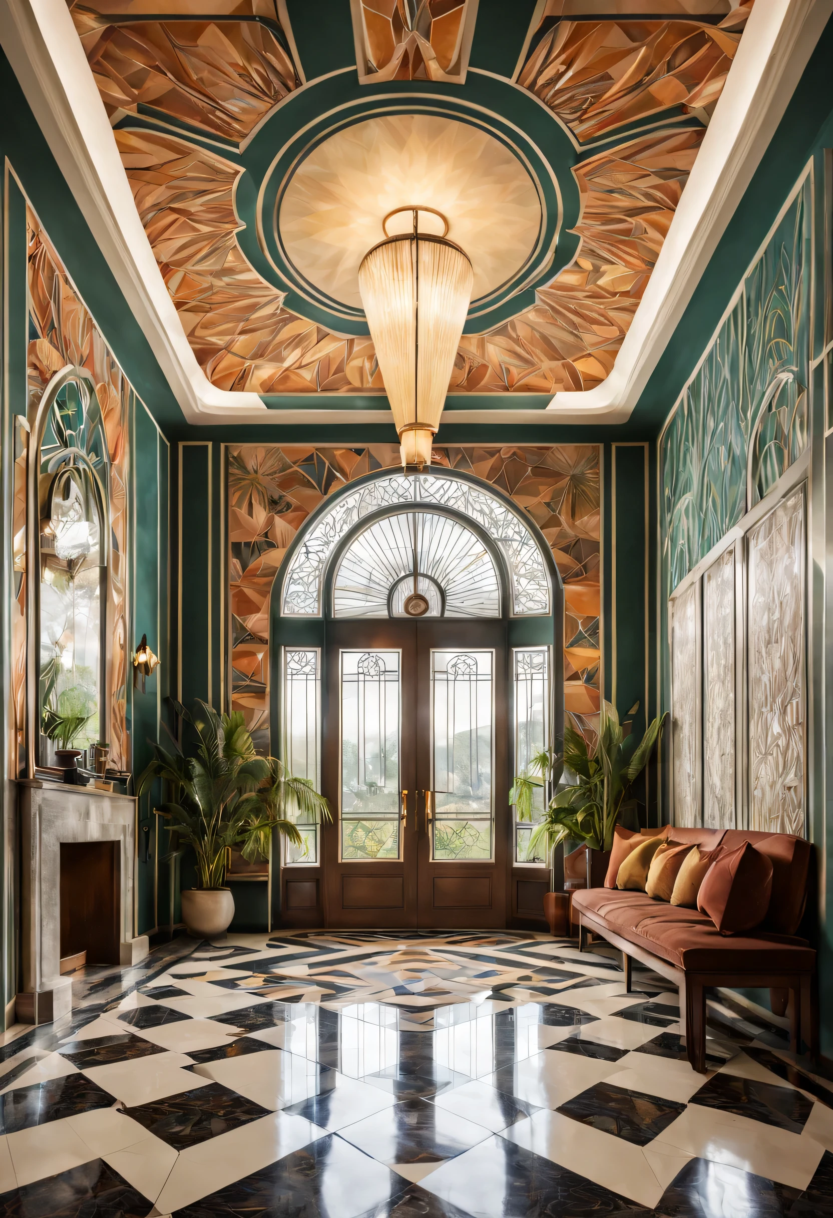 art deco style house, geometric shapes, Salon, high ceilings, art deco pattern wall, complicated pattern, (best configuration), (masterpiece), (highest quality), (Ultra high detail), intricate details,