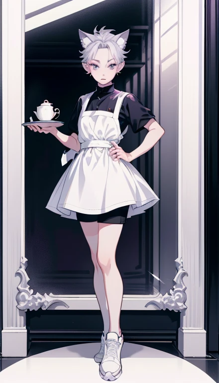 1boy、Full body illustration、Standing Pose、shorts、Full body Esbian、short hair、Forehead、silver haired ，sneakers、Purple mesh hair，wolf ears、Lipstick，glossy lips，Gentle source of light，apron、Cafe，shyness、Troublesome pose，nice ，High level image quality，mirror ball，professional drawing，cleanliness，white background、