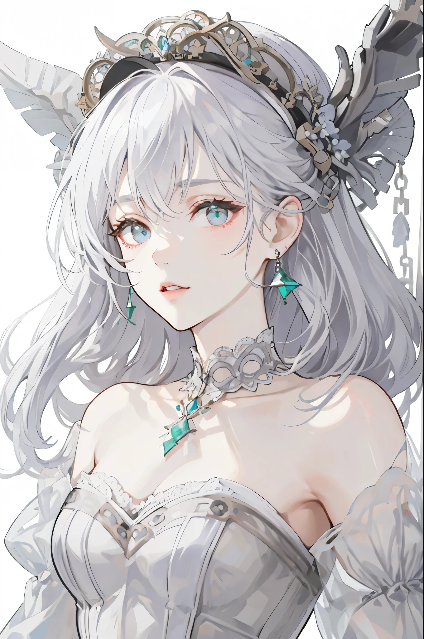 lilac, forest nymph, lily of the valley, ethereal forest girl, perfect anatomy, hanging jewels, pretty girl, amazing body, best proportions, european victorian style, greek style, ancient goddess, (((((((white background))))))), ((((closeup face)))), looking at viewer