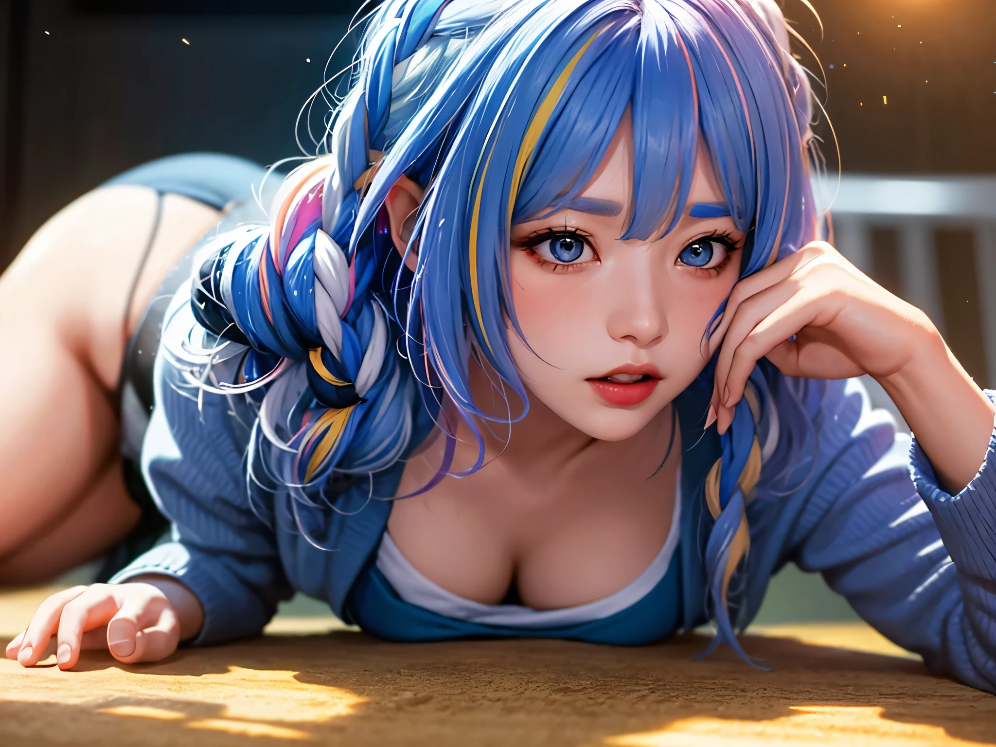 (shape: Used Pecora), ????? girl, blue hair, twin braids, girl, alone, {{masterpiece}}, highest quality, Highly detailed CG Unity 8k wallpaper, cinematic lighting, Lens flare, beautiful detail eyes, side line, colorful light, particle, (colorful:1.5), (colorful hair:1.5)