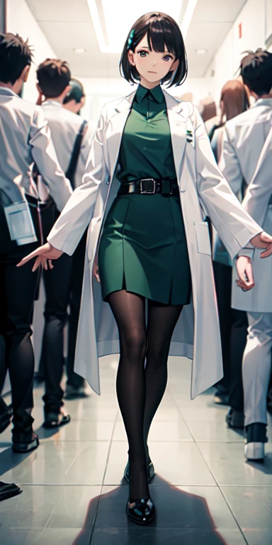((best quality)), ((masterpiece)), (detailed),full body anime picture of a female squad member , green outfit ,  1 person , white lab coat , squad , scientist