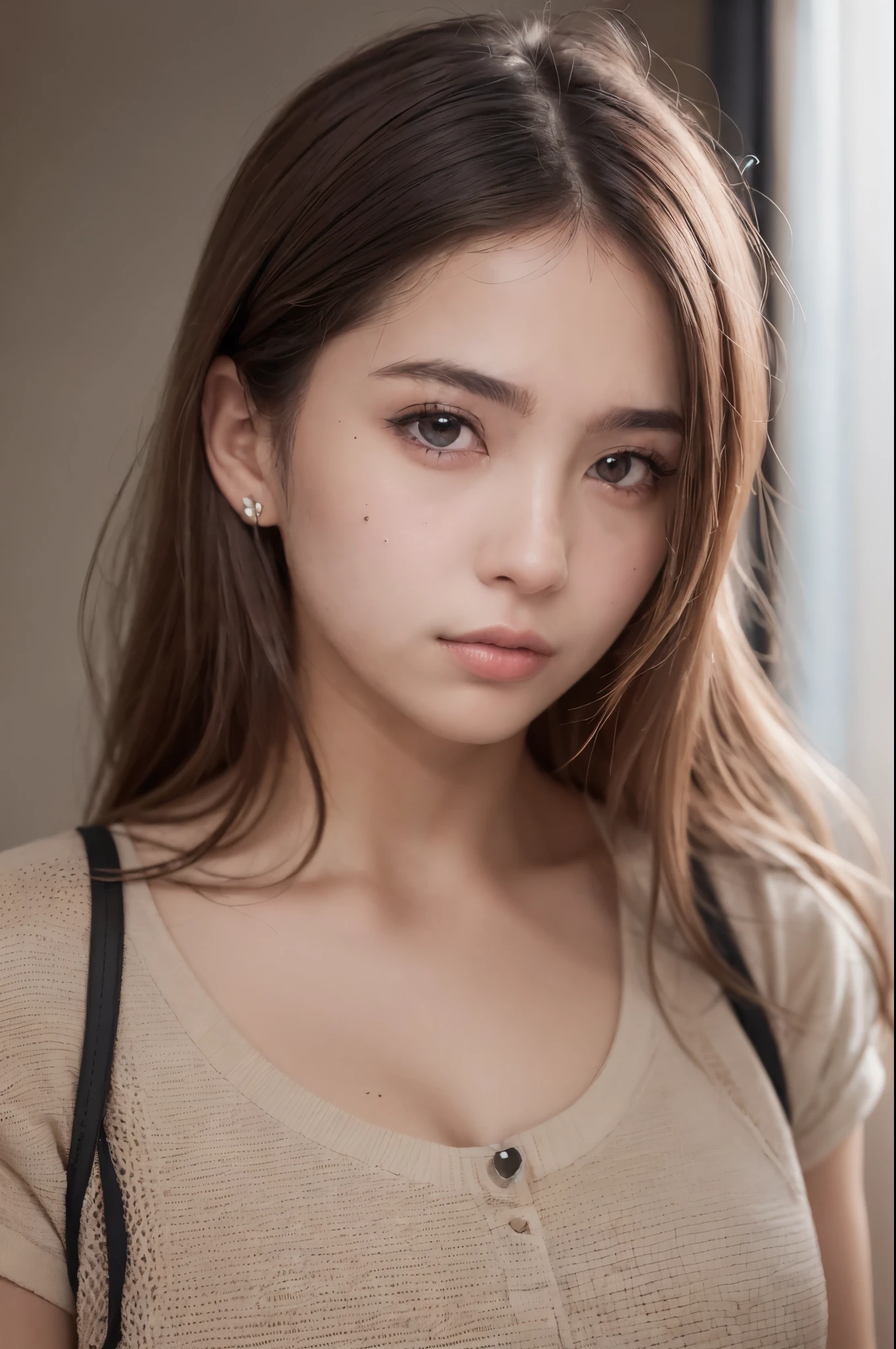 wear, (photo actual:1.4), (hyper actual:1.4), (actual:1.3), (Smoother lighting:1.05), (Improve lighting quality:0.9), 32k, 1 girl,20 year old girl, actual lighting, backlight, There is light on the face, Ray tracing, (bright light:1.2), (quality improvement:1.4), (The best quality real textured skin:1.4), delicate eyes, Delicate face, good quality eyes, (Tired, sleepy and satisfied:0.0), face close-up, t-shirt, (Increase body line emotions:1.1), (Increase the beauty of skin texture:1.1)