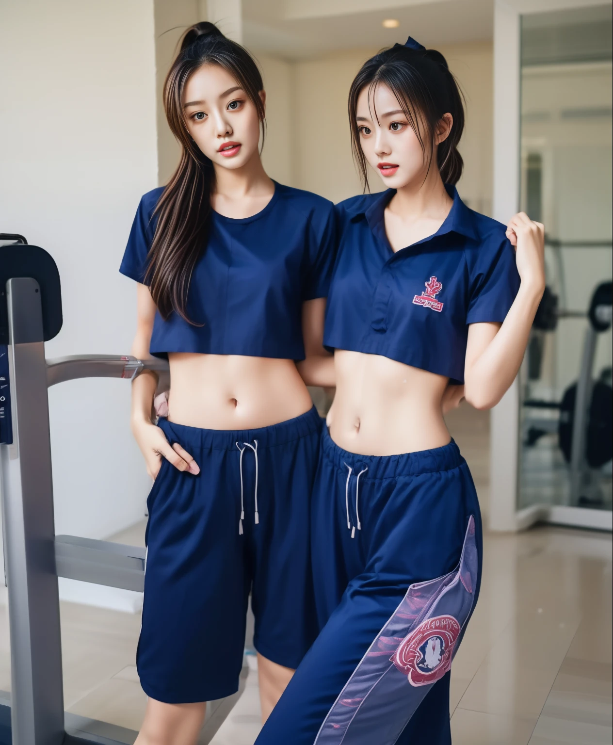 2 girls in the fitness center, Navy blue short-sleeved shirt,Navy Long Trackpant,Sweatpants, Sweatpantsขายาว,25 year old girl, lesbian, sexy, exercise clothes, wet body