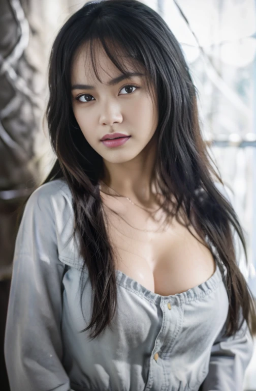 Beautiful young Indonesian girl face, 1girl, breasts, hyuuga_hinata, solo, long_hair, low cleavage, showing half breasts, looking_at_viewer, bangs, parted_lips, violet_black_hair, blunt_bangs, upper_body, collarbone, super arge_breasts, denim_jacket, long_sleeves, white_eyes, jacket, indoors, straight_hair, denim, lips, silky skin, highest quality, epic realistic, ((in the pitch black darkness :1.4)), ((portrait:1.5)),(background: dark ) high contrast ,glorious picture, lowest lux, lighting face, she's comfortable, wearing nothing,  , looks incredible, (8k, Raw photo, Highest quality),(epic realistic:1.5), a woman, face,(detailed eyes:0.8),(looking at the camera:1.4), (Highest quality), ( high contrast, deep shadows),Intricate details,cinematic,((skin:1.4)), (long dark hair:1.3), long hair, messy ,(Hdr:1.5),Detailed, colors, Superior quality, Masterpiece, Raw Photo (20-year-old, looking at viewer), beautiful, (wearing plain yellow shirt,), perfect, natural, perfect composition, portrait, perfect face, smiling expression, Captivating eyes, Bright details, Tight lips, (High Skin Detail),, (blue tint: 0.6), (sale: 0.8), (bloody: 0.7), Key lighting , (backlight: 0.5), Medium depth of field, Canon 5d, 50mm lens, f/4 apertures, (Ultra-detailed, Complex detail), sharp focus, soft colors, 8k, Absurd, 80mm, bokeh background, photography, smiling, pinay, filipina, large , neon lights background, bokeh