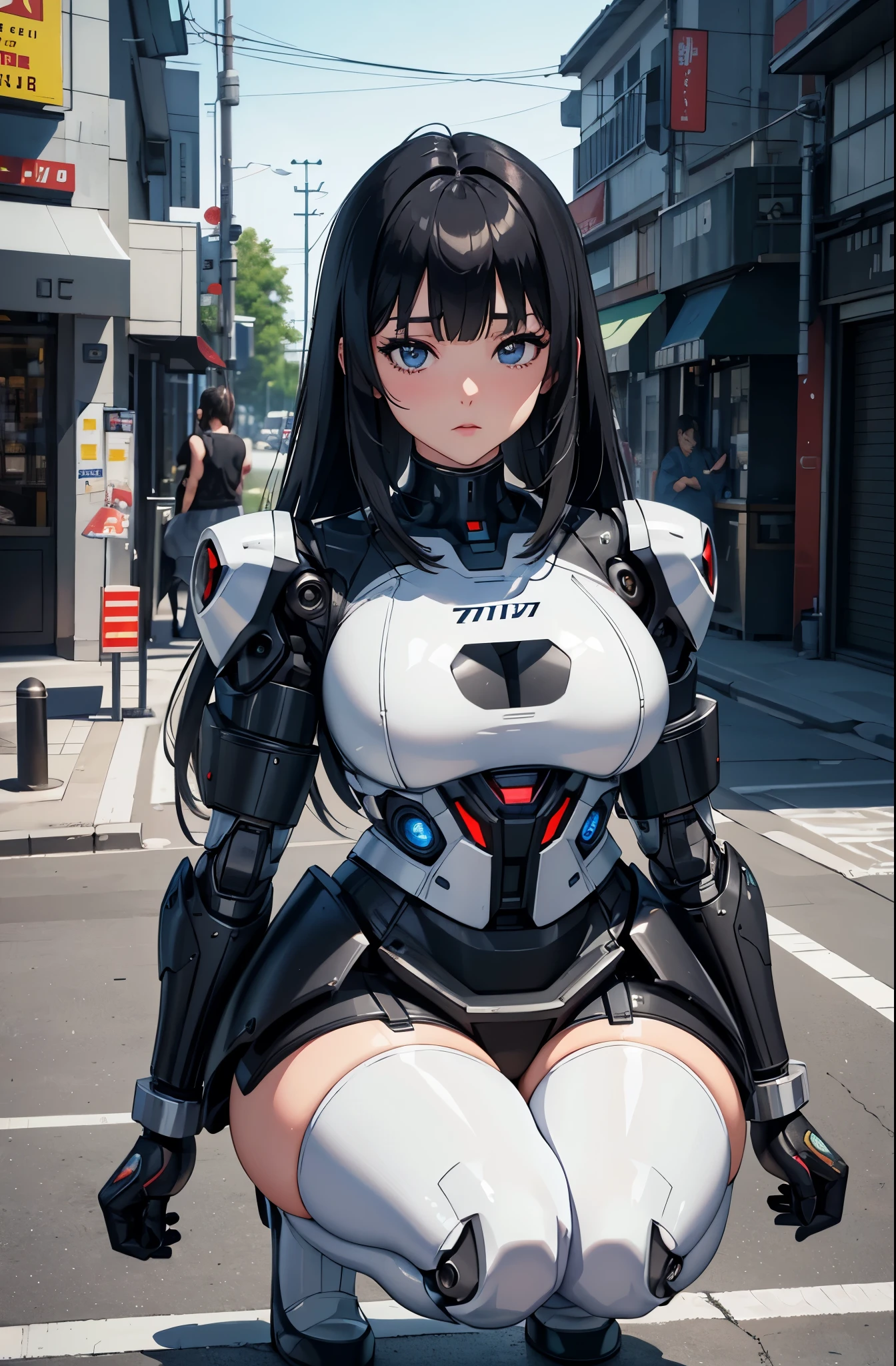 masterpiece, best quality, extremely detailed, (8K, 4K, Best Quality, hight resolution, 超A high resolution:1.1), Japanese android woman,Plump , announcer,control panels,activate,Squat,android,droid,Mechanical Hand,Robot arms and legs, Black Robot Parts,black hair,darkblack knee high socks,black sponge joints,blunt bangs,white robot body,ceramic body,jockey boots,perfect cyborg girl,