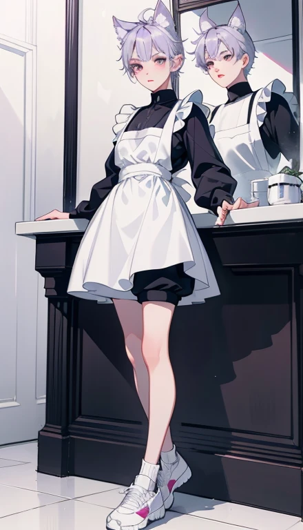 1boy、Full body illustration、Standing Pose、shorts、Full body Esbian、short hair、Forehead、silver haired ，sneakers、Purple mesh hair，wolf ears、Lipstick，glossy lips，Gentle source of light，apron、Cafe，shyness、Troublesome pose，nice ，High level image quality，mirror ball，professional drawing，cleanliness，white background、