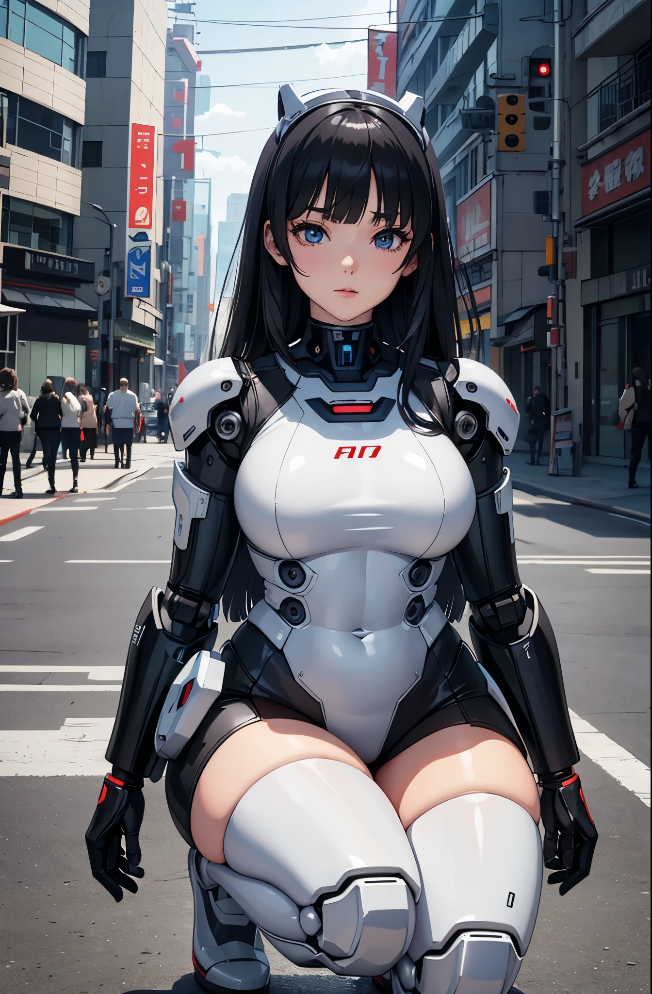 masterpiece, best quality, extremely detailed, (8K, 4K, Best Quality, hight resolution, 超A high resolution:1.1), Japanese android woman,Plump , announcer,control panels,activate,Squat,android,droid,Mechanical Hand,Robot arms and legs, Black Robot Parts,black hair,darkblack knee high socks,black sponge joints,blunt bangs,white robot body,ceramic body,jockey boots,perfect cyborg girl,