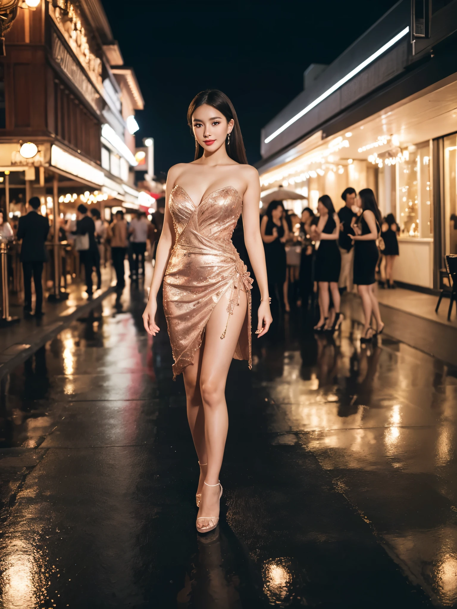 (best quality,realistic,highres),
beautiful girl in a nighttime setting,dressed in elegant attire,looking adorable,รองเท้าส้นสูงสีแดงสด,((full body)),with alcohol cocktail in her hand,