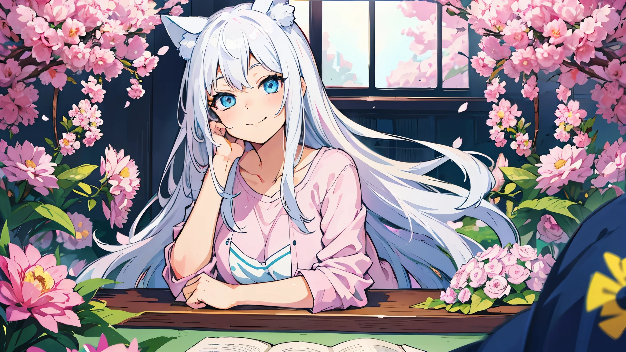 a woman wears a casual clothes with cat ear, blue eyes, high quality, 4K, Beautiful, White Hair, Surrounded by flowers, long hair, Anime style, Studying, in pink room, Happy, Smiling