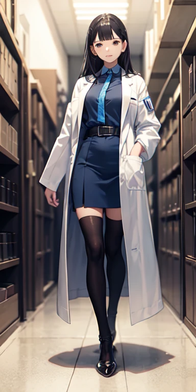 ((best quality)), ((masterpiece)), (detailed),full body anime picture of a female squad member , blue outfit ,  1 person , white lab coat , squad , scientist