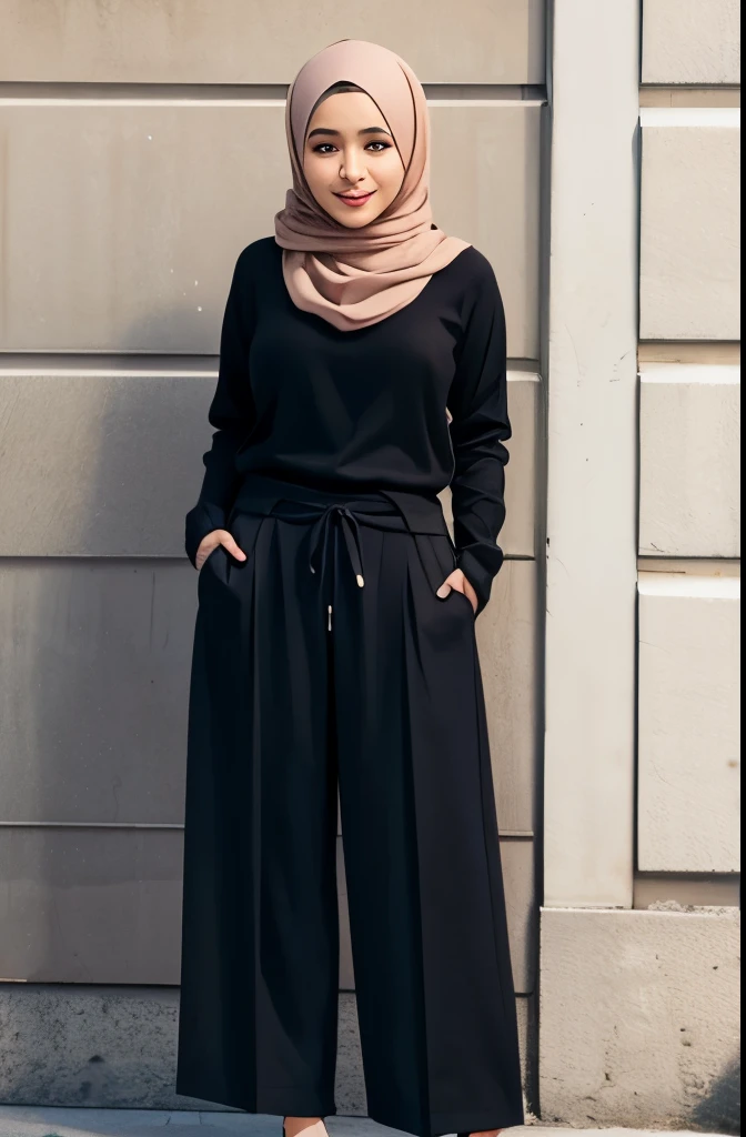 with black headscarf, white long sleeve t shirt, black sweatpants, white socks, without shoes, Sexy woman talking to her friends in the garden. 