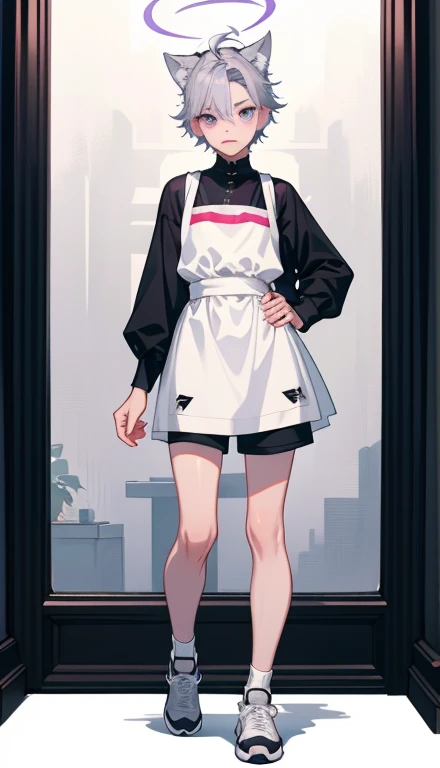 1boy、Full body illustration、Standing Pose、front、juvenile、shorts、Full body Esbian、short hair、Forehead、silver haired ，sneakers、Purple mesh hair，wolf ears、Lipstick，glossy lips，Gentle source of light，apron、Cafe，shyness、Troublesome pose，nice ，High level image quality，mirror ball，professional drawing，cleanliness，white background、