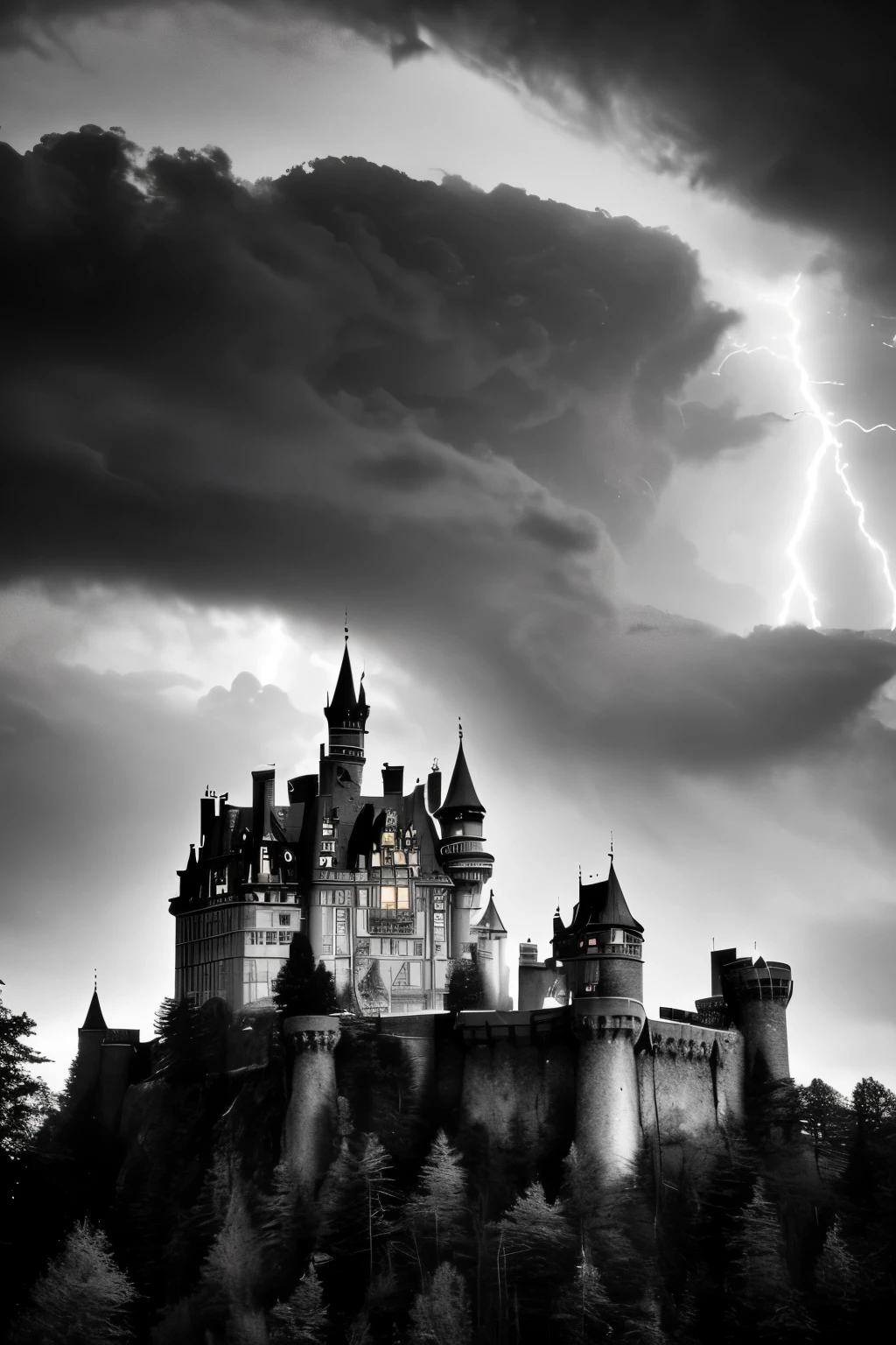 A breathtakingly majestic castle perched atop a rugged hill, its grand silhouette bathed in the ethereal glow of lightning, casting an enchanting spell. Moody and mysterious, this detailed black and white photograph captures the haunting beauty of the castle's architecture against a dark and stormy sky. With its HDR effects and high resolution, this cinematic masterpiece is a visual treat, transporting you to a realm of gothic splendor. The imposing structure stands as a testament to power and strength, evoking a sense of awe and wonder in all who behold it. Whether you're a fan of medieval history or simply appreciate the artistry of ancient castles, this 4K wallpaper is sure to captivate your imagination. Let its dark allure and intricate details