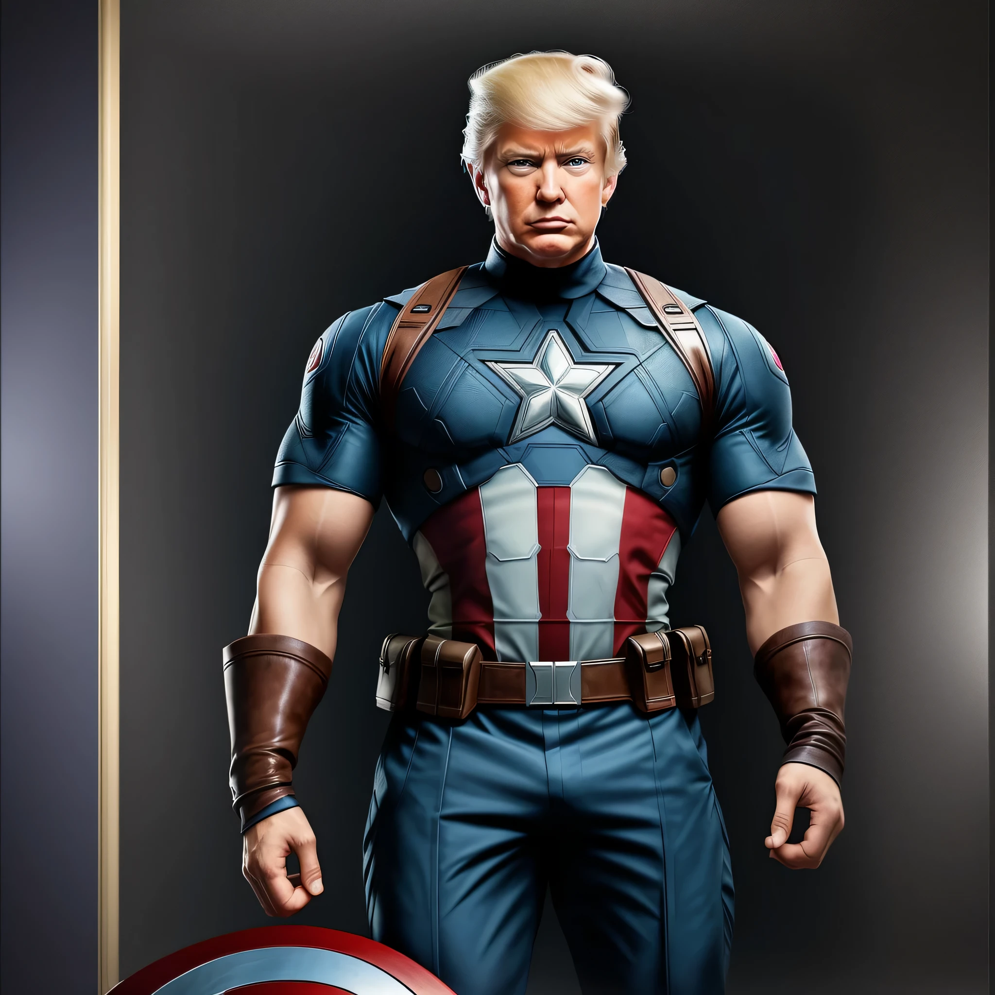 magine a composition that seamlessly combines the facial features, expressions, and characteristic elements of Donald Trump with the iconic superhero Captain America. Blend Trump's unmistakable hairstyle, facial expressions, and perhaps elements of his attire with the classic Captain America costume, shield, and superhero aura. Consider the juxtaposition of political and pop culture symbolism, aiming for a balanced representation that captures the essence of both figures.
Feel free to experiment with artistic elements, colors, and styles to create a harmonious yet unique synthesis of these two influential characters. Whether you choose to emphasize certain features or incorporate symbolic elements, I trust your creative expertise to produce a compelling and imaginative piece.
If possible, please provide updates or previews throughout the creative process. I am excited to see how SeaArt.ai's artistic algorithms interpret and bring to life this fusion of Donald Trump and Captain America.