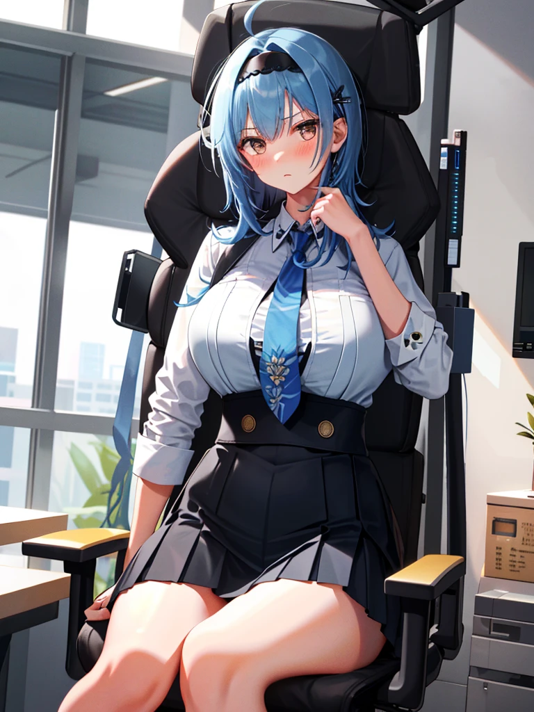 1 girl, alone, ((white shirt)), barefoot, big breasts, cleavage, uniform, ((blush:1.2)), office background, short black pleated skirt, office, hair between eyes, large chest, long hair, looking at the viewer, blue hair, Blue short claws, alone, ((long slender legs)), plump thighs, long hair, ((masterpiece)), sitting, Chair, machine, computer on machine, name tag, id tag, indoor, golden hair clip, Beautiful woman, I can see through my clothes, Pose that emphasizes the chest, pain