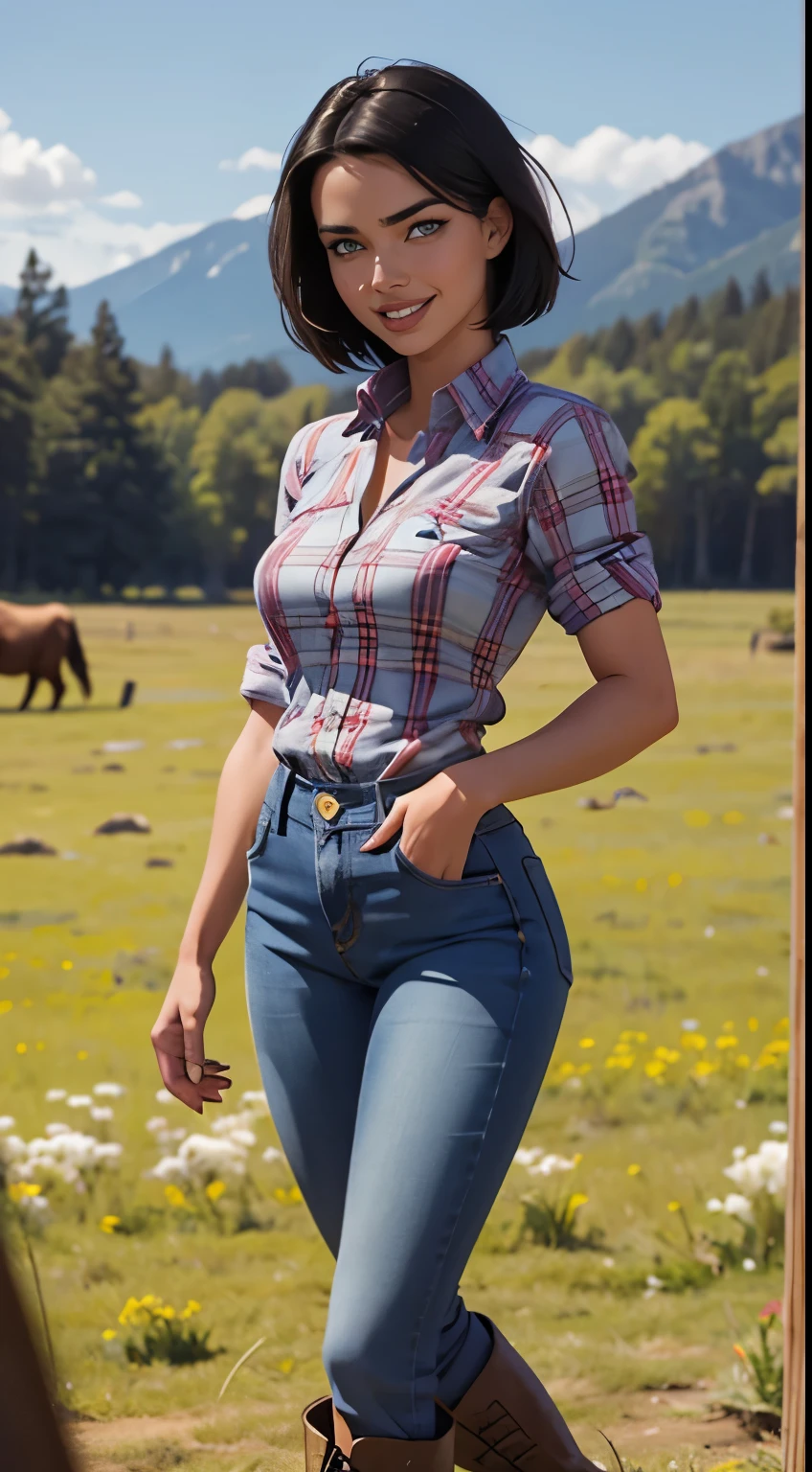 Foto hiperrealista en primer plano de Adriana Lima, masterpiece, best quality, (photorealistic:1.4), full body, (blue buttoned plaid flannel shirt:1.1) and (blue jeans:1.1), (boots:1.2), on the ranch, sunny day cinematic light, beautiful woman, skinny, medium breasts, black short hair (bob short hair:1.2), detailed face, smile, facing the camera, photo taken from a distance, age of , smiling