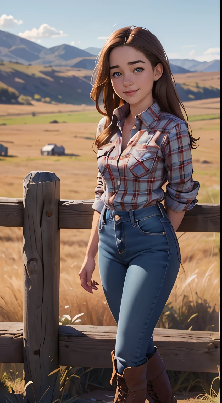 Foto hiperrealista en primer plano de Willa Fitzgerald, masterpiece, best quality, (photorealistic:1.4), full body, (blue buttoned plaid flannel shirt:1.1) and (blue jeans:1.1), (boots:1.2), on the ranch, sunny daycinematic light, beautiful woman, skinny, small breasts, straight brown hair, detailed face, smile, photo taken from a distance, age 20 tears old