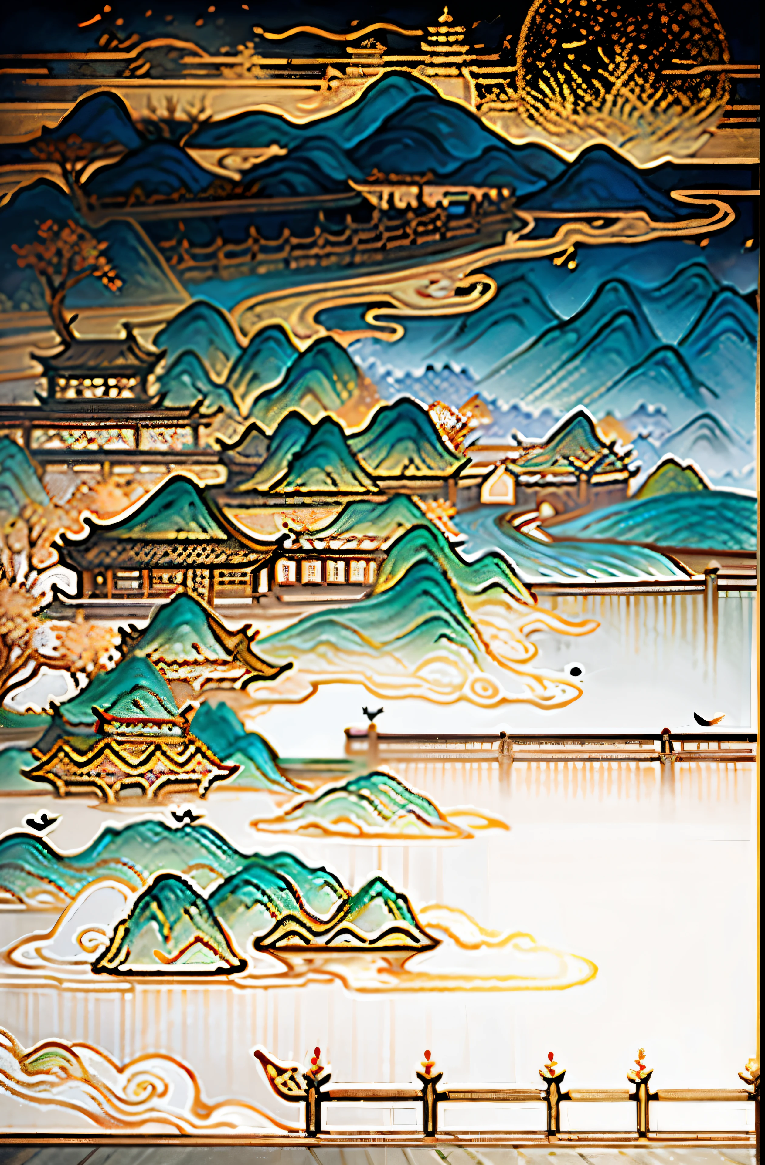A Chinese painting, background of China, Mountain, river, Xiangyun, Exhibition hall, Sunlight, masterpiece, Super details, epic work, ultra high definition, high quality, Very detailed, official art, unified 8k wallpaper, Super details, 32k -- v 6
