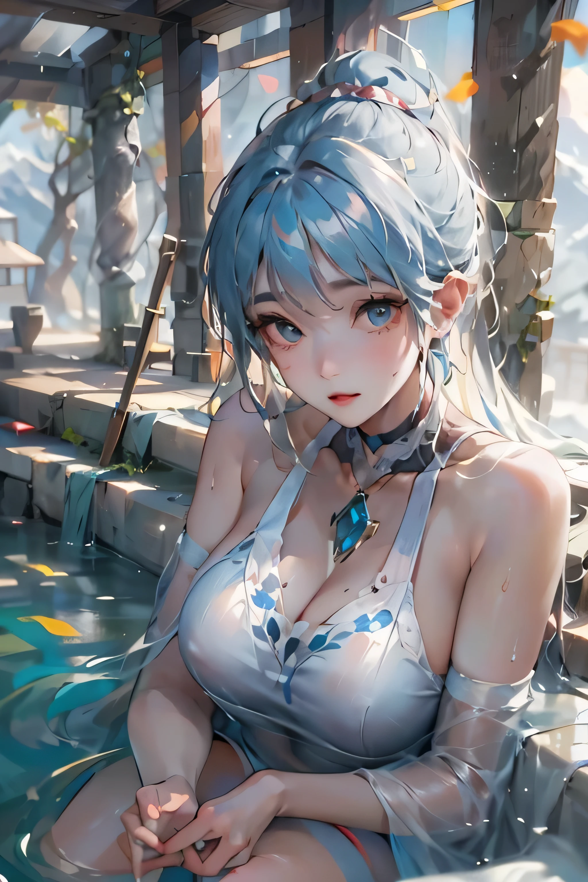 (photorealistic:1.3, highest quality:1.3,8Kmasterpiece, masterpiece:1.3,High resolution,muste piece:1.2),23 year old woman, Clean wet skin, solo,front view:0.8,whole body:1.3,looking at the camera:1.2,(Photo seen from below:1.2), (short hair:1.2,bright blue hair:1.5,blue eyes),(bold white underwear,choker),(lie down in a warm hot spring,vaporと静けさに囲まれて,Feels good,Enjoy the healing hot springs),smile:1.3,(full of sweat:1.3),open-air bath,steam,vapor,background(snow mountain:1.3, sunrise:1.3),snow scene,(Bold pose with legs spread,dynamic pose:1.2),(Nipples visible through clothing),(genitals visible through clothing),(Butt visible through clothes),slender abs:1.2,(young skinny gravure idol, sophisticated gravure idol),(detailed perfect face),Pass常の手:1.5,Pass