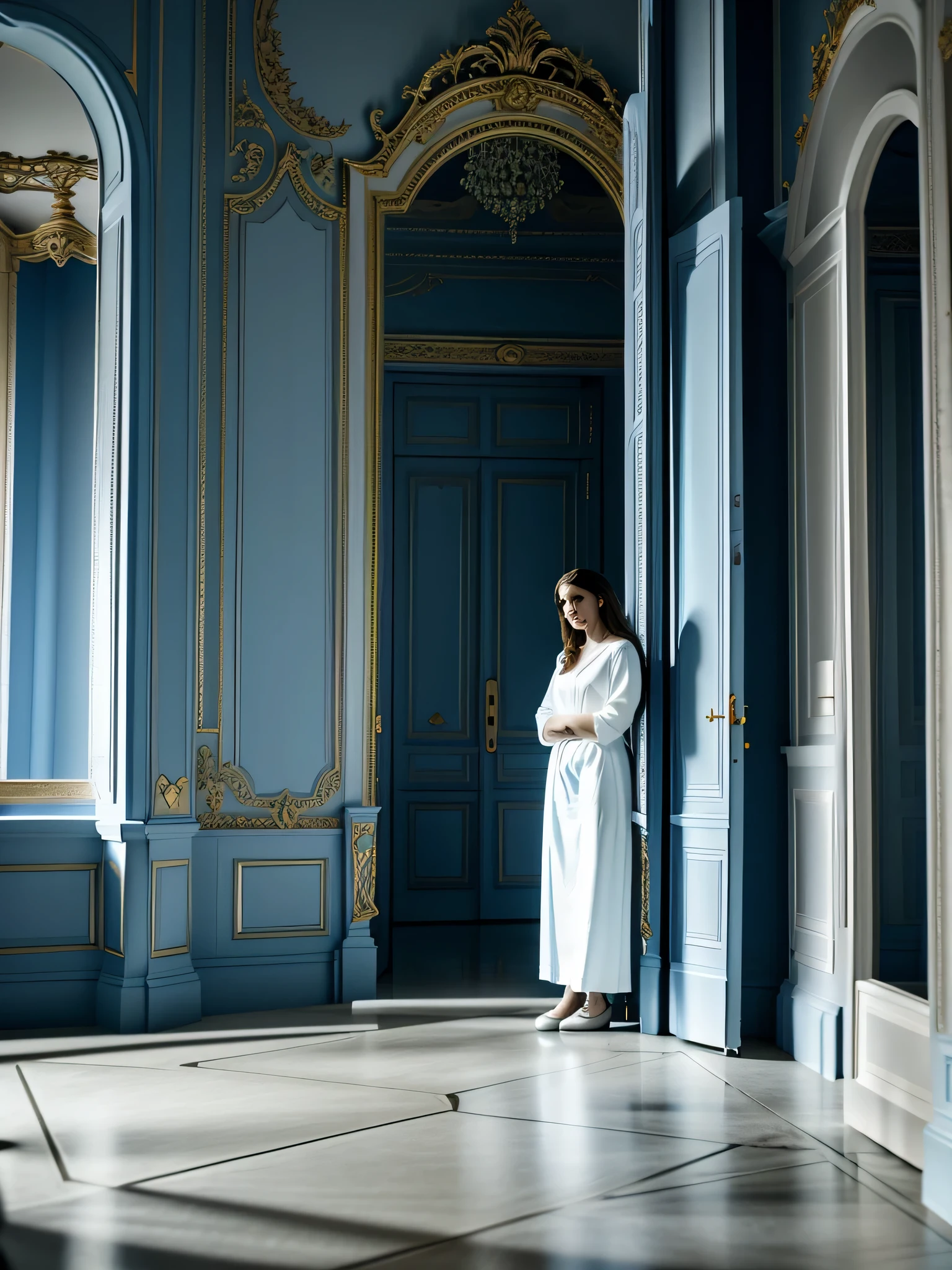 House interior hyper realistic, blue vibes, Versailles style. 
