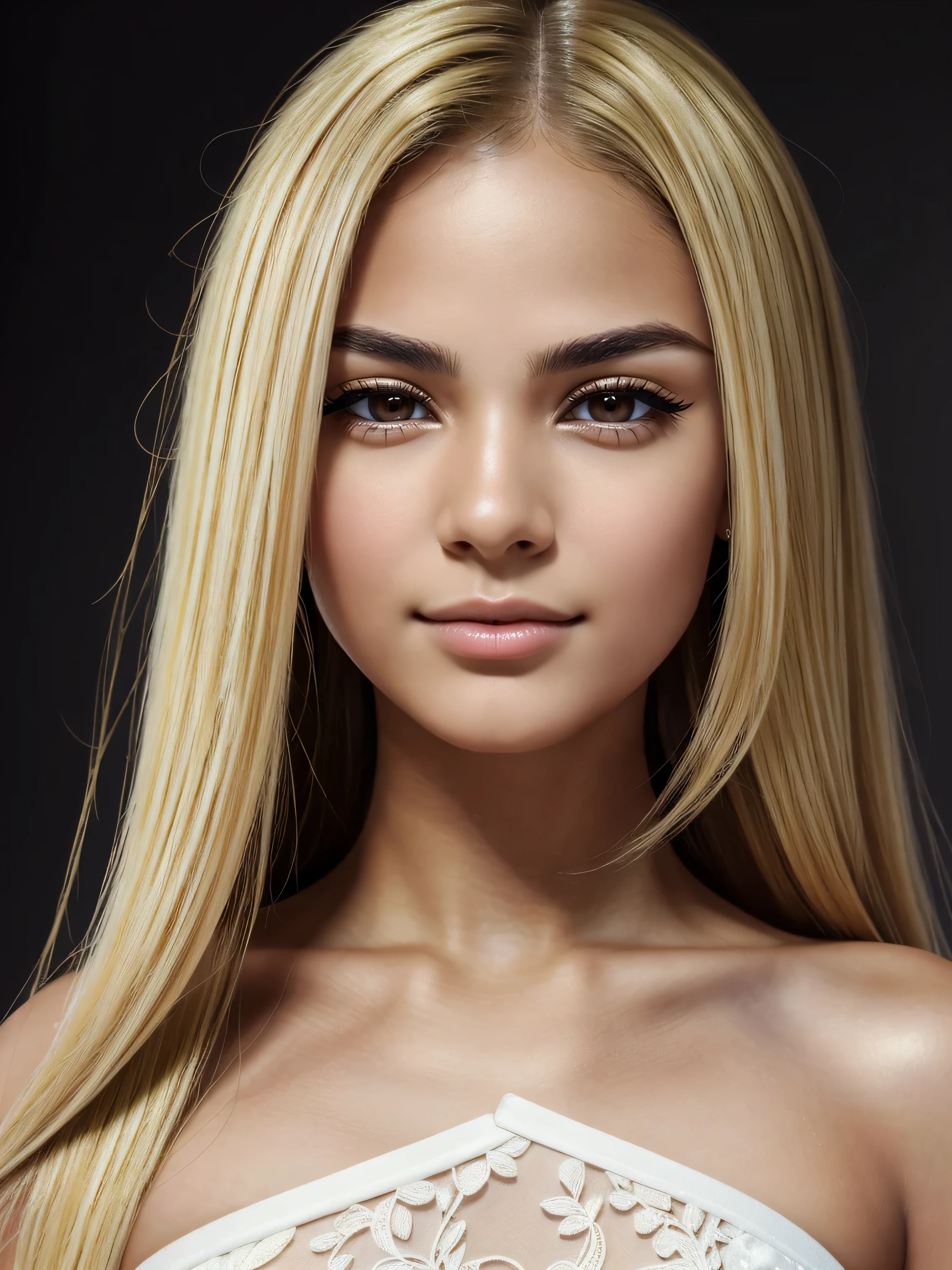 ((Beautiful) attractive cute:ung woman), very_cute, (small_nose:1.2, thin_nose:1.5, delicate_nose:1.5, pointed_nose_tip:1.5, symmetric_nose), round_chin:1, short_jaw:1, round_jaw:1, long_hair, straight_hair, (blonde_hair:1.5), (brown_eyes:1.5, mahogany_brown_eyes:1), cheek_dimples:1.3, round_cheeks:1.2, (very_small_eyebrows:1.5), (1Woman:1.5, (Masterpiece, 8K, best quality, highres:1.5), upper_body:1.5, looking_at_viewer:1.5, body_looking_at_viewer:1.5, white_photoshoot:1, white_room:1, white_backdrop:1.5, standing, neutral_body_posture:1.5, neutral_facial_expression, wearing white_strapless_mini_dress), short_woman, small_woman, skin_texture:1.2
