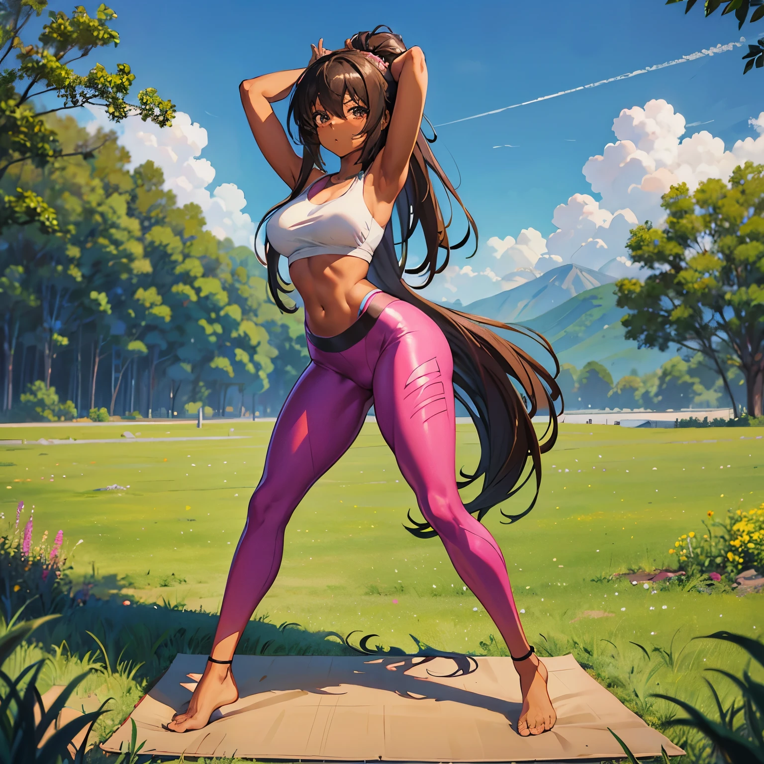 painting of a brown skinned sexy anime woman in a yoga in a field, on a yoga mat slim thick, yoga pose, ((full body)), brown skin, highly detailed, standing up, yoga pose, long hair, yoga pants, pink, sexy legs
