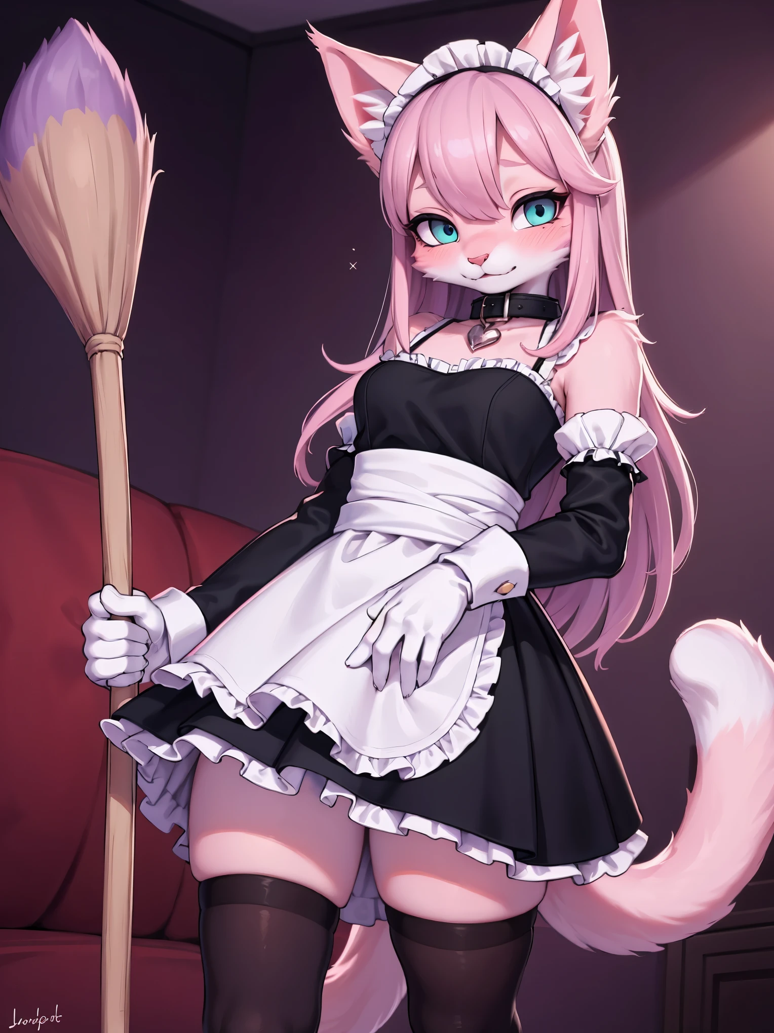 (detailed snout and eyes:1.3), standing, Masterpiece, perfect, highly detailed, adult, (1female), (hybrid Anthro cat), (fluffy pink fur:1.2), (pink fluffy cat tail), (lavender long hair), (lavender cat ears), (teal eyes), medium breasts, wearing a black collar, (wearing a elegant maid dress), silk white gloves, silk white thigh-highs socks, elegant Livingroom background, shy, blushing, holding a broom, alone
