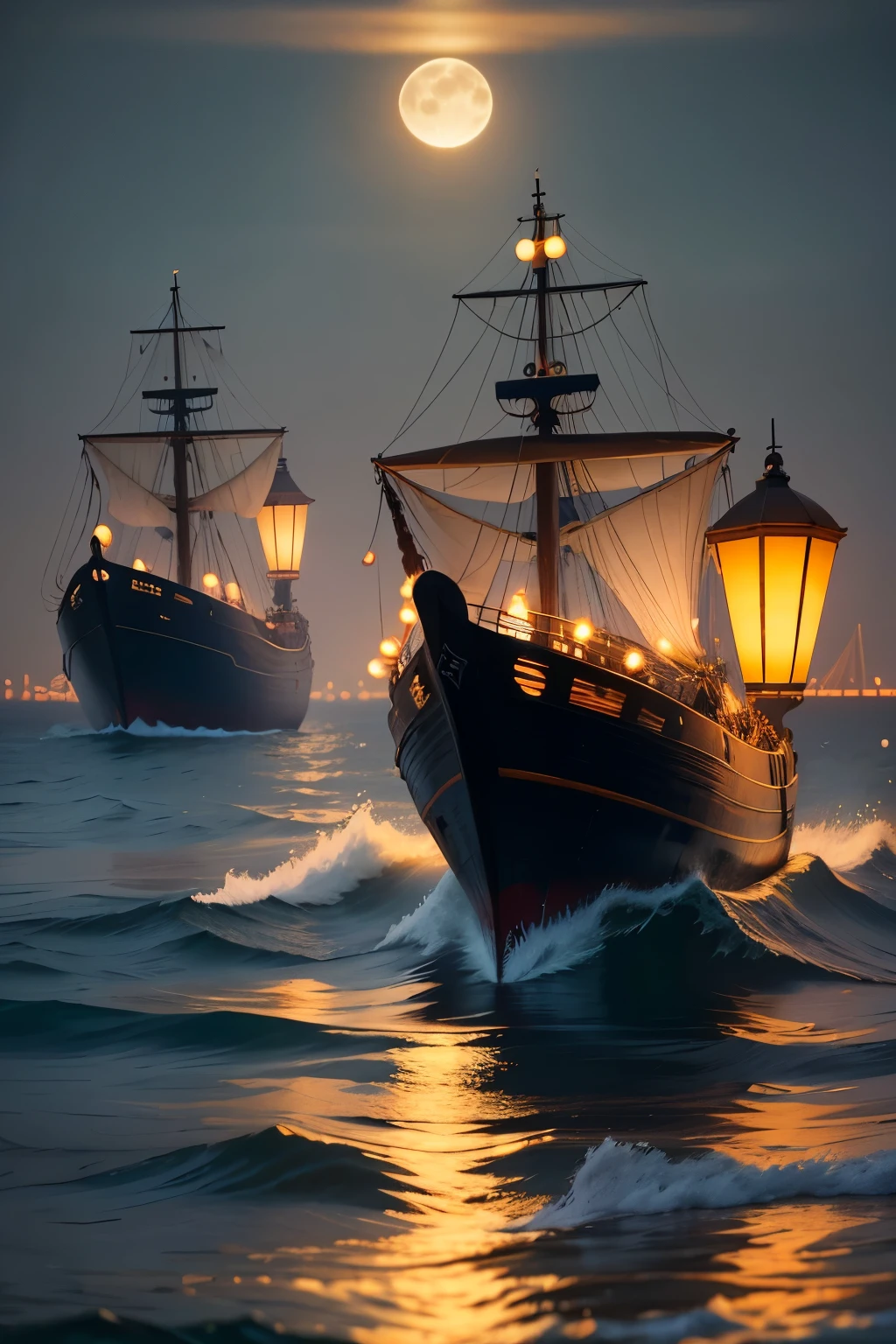 Bask in the enchanting atmospheres of a moonlit pier, where ghostly ships glide in with a supernatural anime aesthetic. Senses are heightened as the inky black water mirrors the night sky, and the eerie glow of lanterns casts elongated shadows on the pier's wooden planks. In the stillness of the night, one can almost hear the whispers of ancient maritime spirits as they make their ethereal appearance.