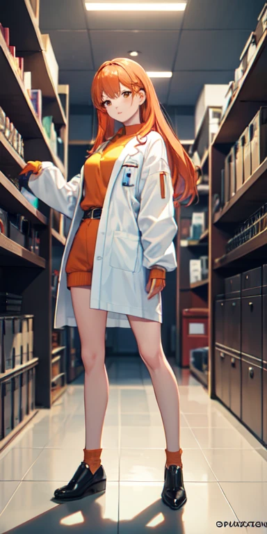 ((best quality)), ((masterpiece)), (detailed),full body anime picture of a female squad member , orange outfit ,  1 person , white lab coat , squad , scientist