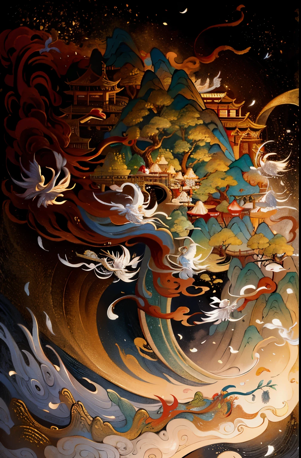 an ancient chinese painting, old china background, Sunlight, masterpiece, Super details, epic work, ultra high definition, high quality, Very detailed, official art, unified 8k wallpaper, Super details, 32k -- v 6