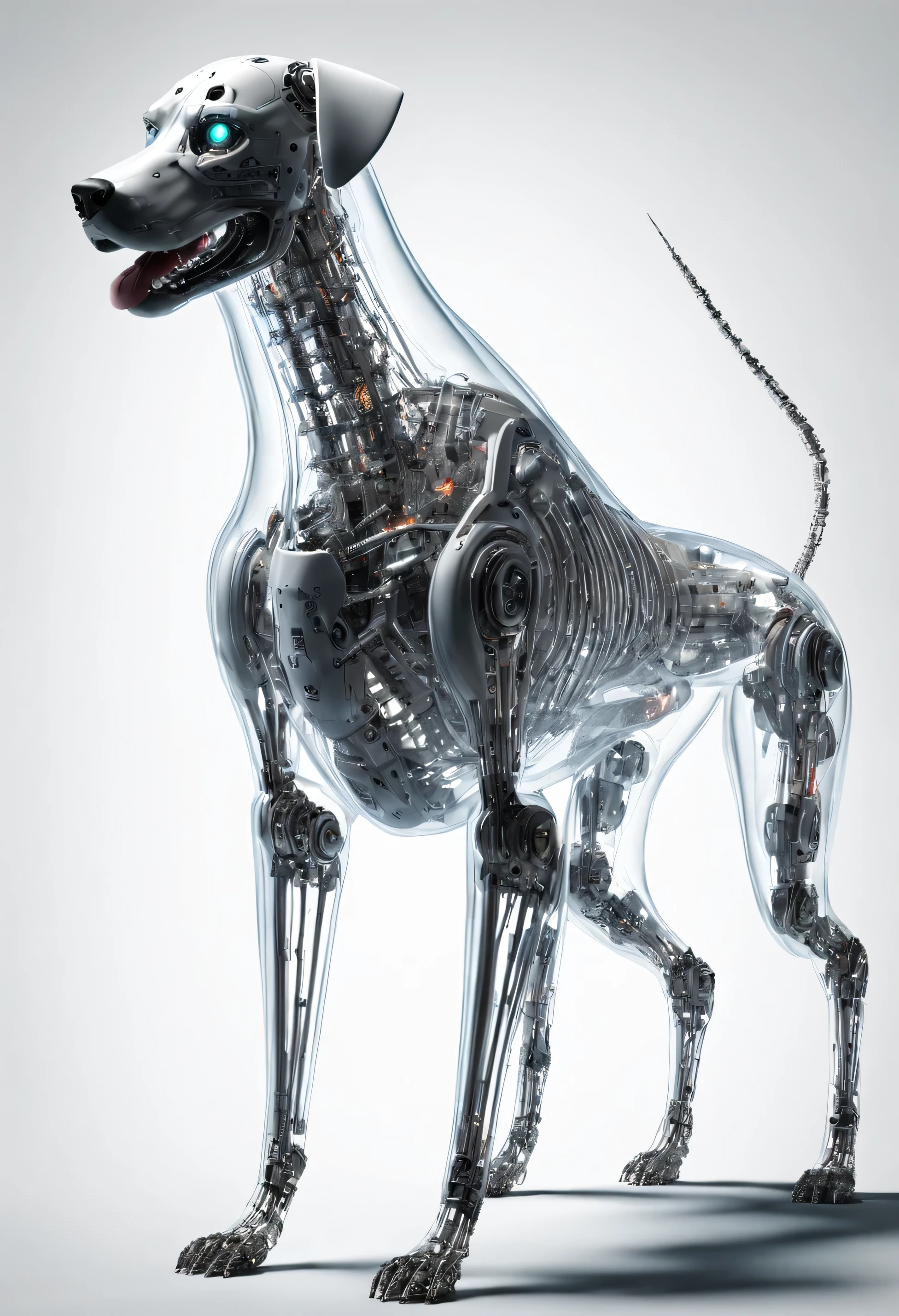 Cyberdog with clear skin, whole body, White skeleton, Neon parts, There is fire in the background, photo